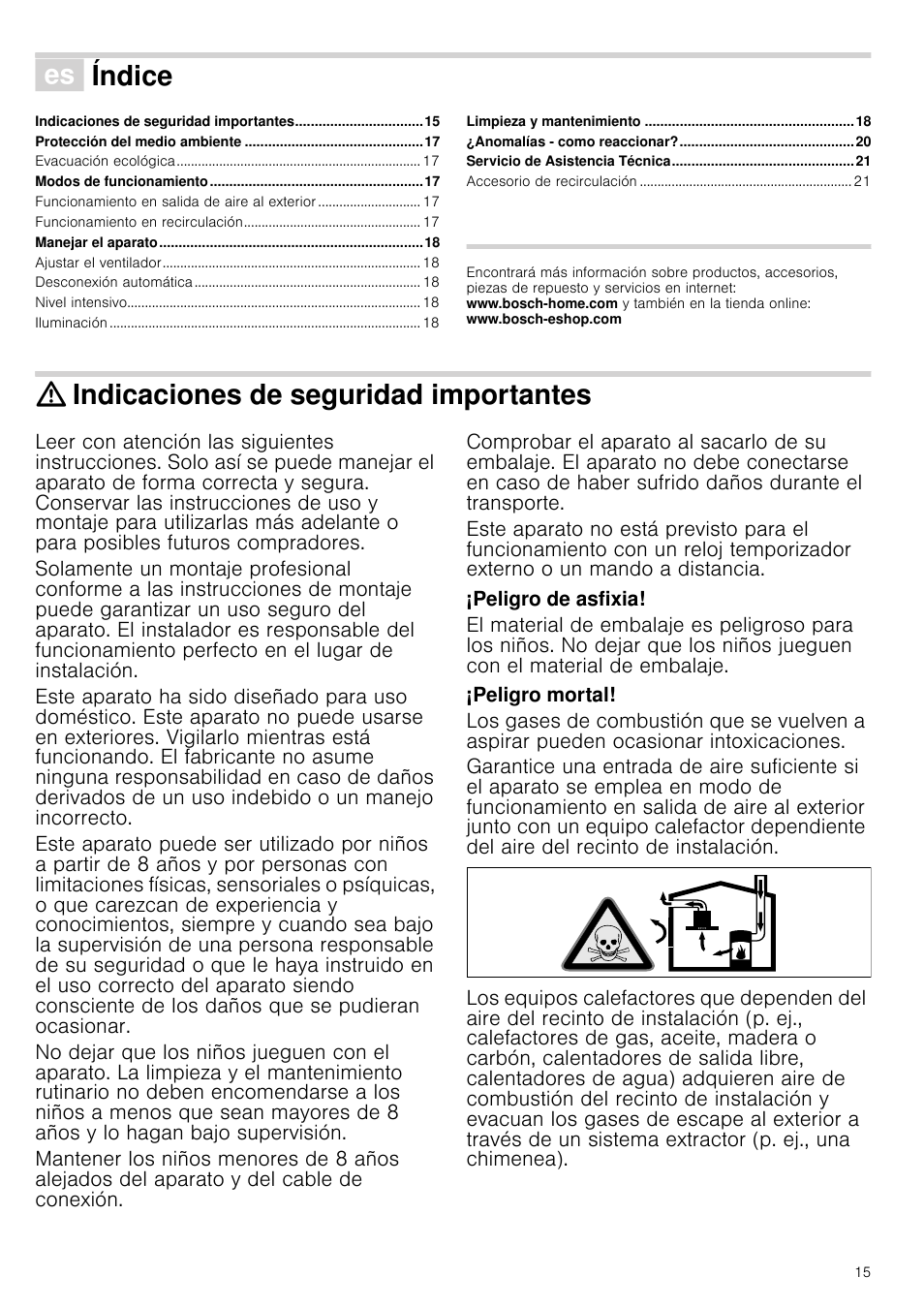 Û índice[es] instrucciones de uso, Indicaciones de seguridad importantes, Peligro de asfixia | Peligro mortal, Cciones de uso, Índice | Bosch DWK09G660 schwarz Wandesse 90 cm Schräg-Essen-Design User Manual | Page 15 / 40