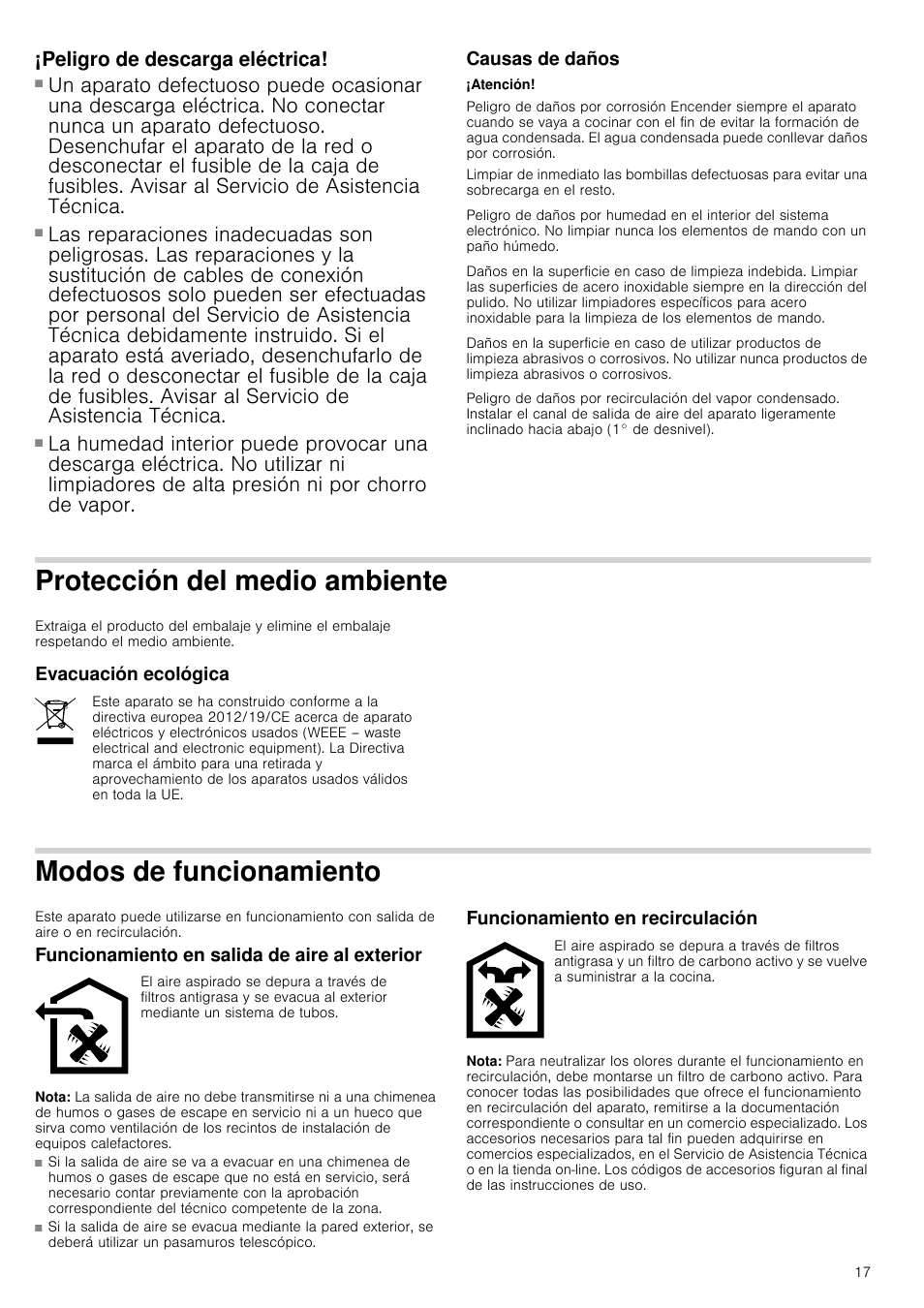 Peligro de descarga eléctrica, Causas de daños, Atención | Protección del medio ambiente, Evacuación ecológica, Modos de funcionamiento, Funcionamiento en salida de aire al exterior, Nota, Funcionamiento en recirculación | Bosch DWK09G660 schwarz Wandesse 90 cm Schräg-Essen-Design User Manual | Page 17 / 40