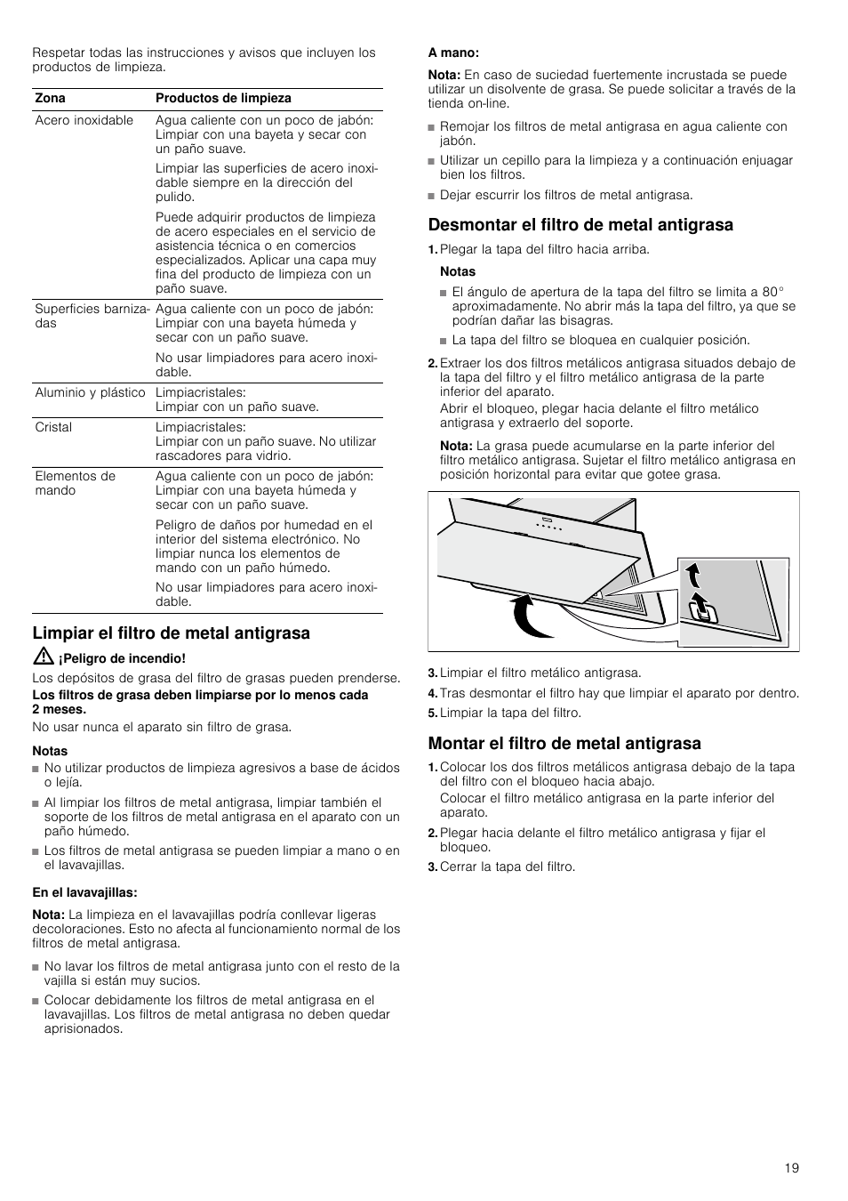 Limpiar el filtro de metal antigrasa, Peligro de incendio, Notas | En el lavavajillas, Nota, A mano, Desmontar el filtro de metal antigrasa, Plegar la tapa del filtro hacia arriba, Limpiar el filtro metálico antigrasa, Limpiar la tapa del filtro | Bosch DWK09G660 schwarz Wandesse 90 cm Schräg-Essen-Design User Manual | Page 19 / 40