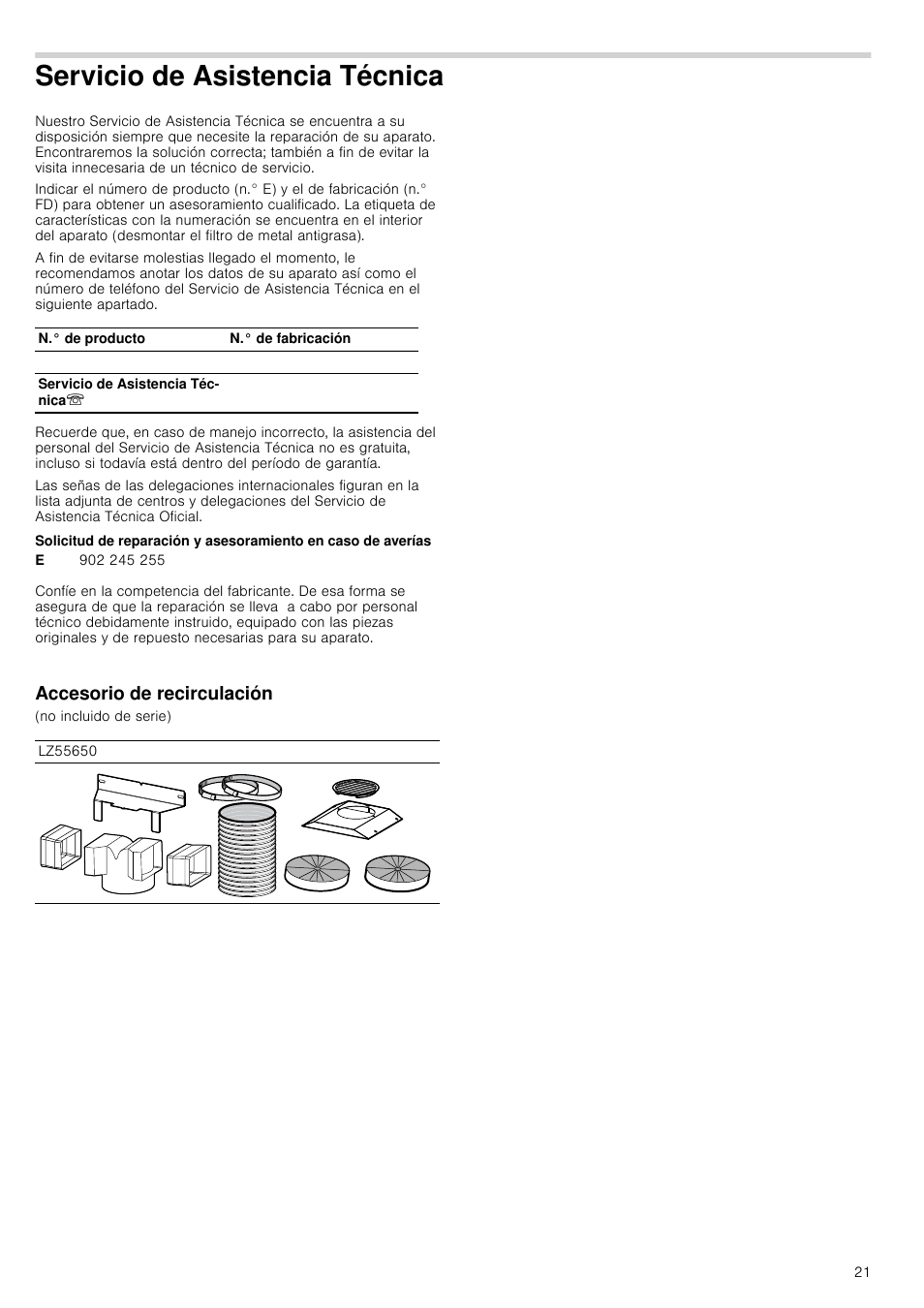 Servicio de asistencia técnica, Accesorio de recirculación | Bosch DWK09G660 schwarz Wandesse 90 cm Schräg-Essen-Design User Manual | Page 21 / 40