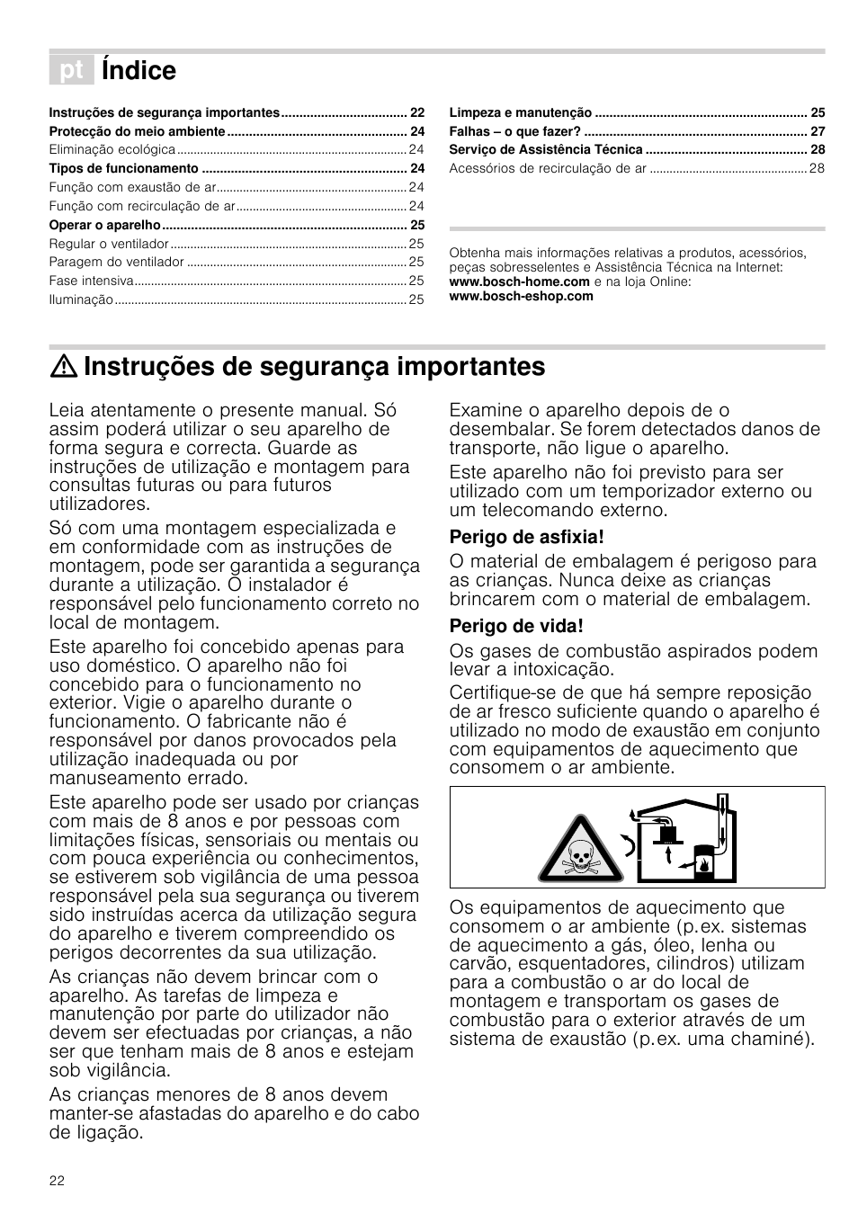 Ì índice[pt] instruções de serviço, Instruções de segurança importantes, Perigo de asfixia | Perigo de vida, Viço, Índice | Bosch DWK09G660 schwarz Wandesse 90 cm Schräg-Essen-Design User Manual | Page 22 / 40