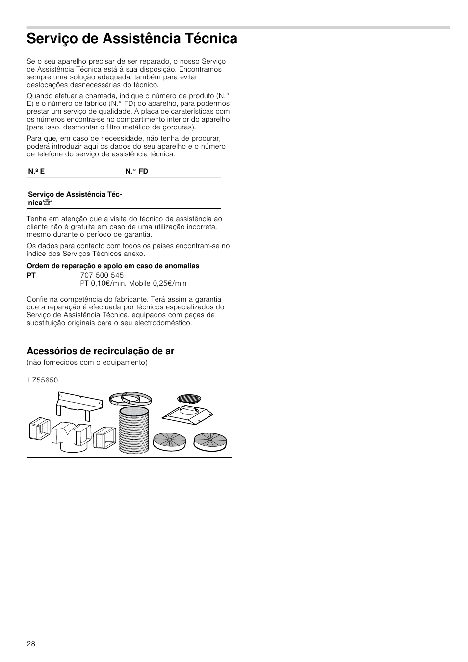 Serviço de assistência técnica, Ordem de reparação e apoio em caso de anomalias, Acessórios de recirculação de ar | Viço de assistência técnica | Bosch DWK09G660 schwarz Wandesse 90 cm Schräg-Essen-Design User Manual | Page 28 / 40