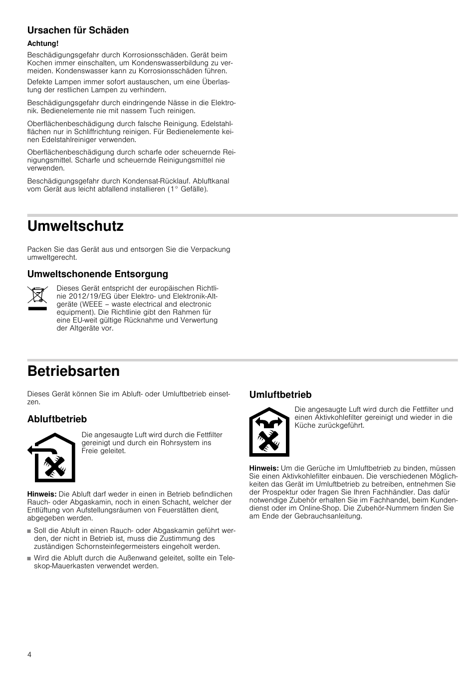 Ursachen für schäden, Achtung, Umweltschutz | Umweltschonende entsorgung, Betriebsarten, Abluftbetrieb, Hinweis, Umluftbetrieb, Weltschutz | Bosch DWK09G660 schwarz Wandesse 90 cm Schräg-Essen-Design User Manual | Page 4 / 40