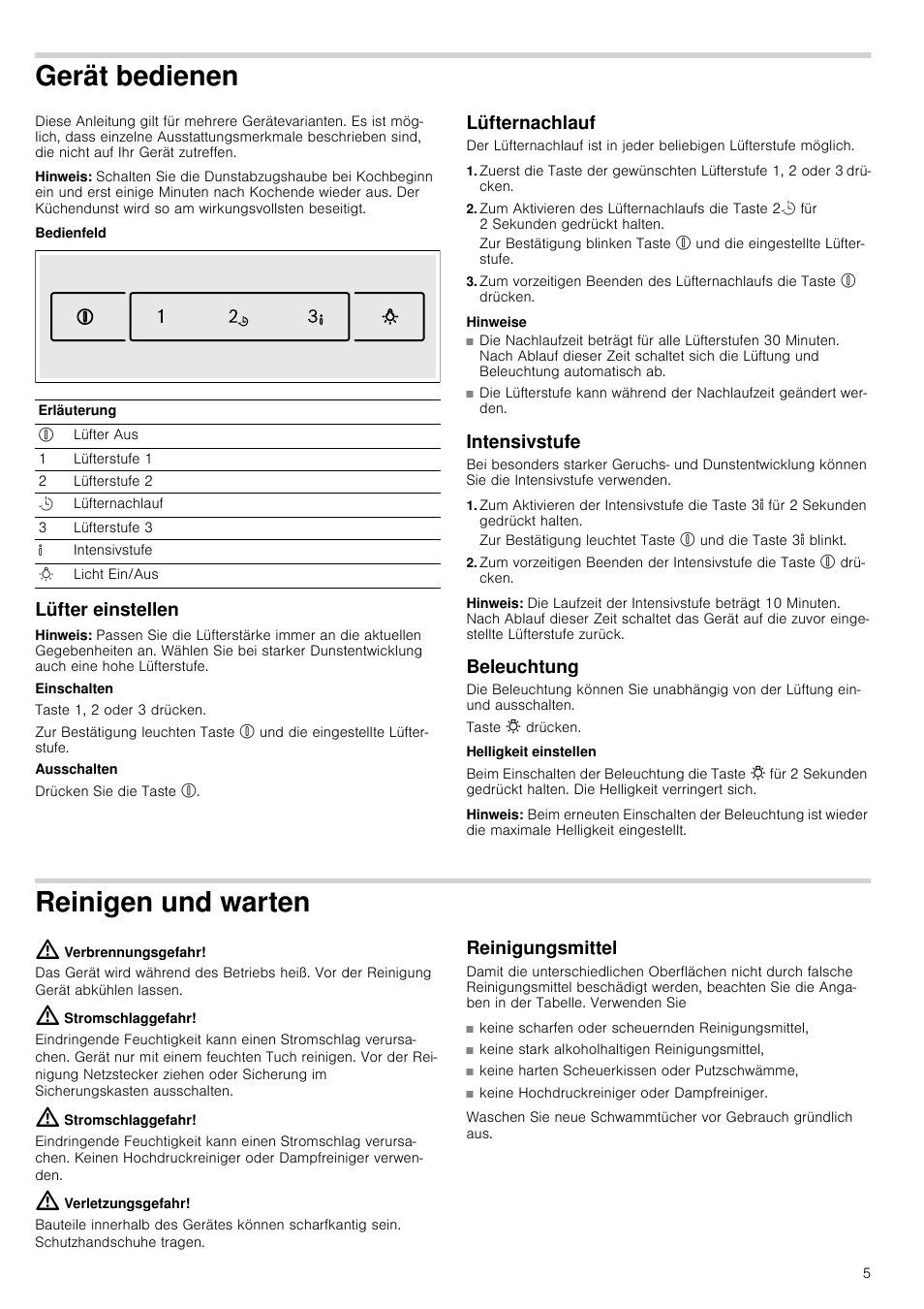 Gerät bedienen, Hinweis, Bedienfeld | Lüfter einstellen, Lüfternachlauf, Hinweise, Intensivstufe, Beleuchtung, Reinigen und warten, Verbrennungsgefahr | Bosch DWK09G660 schwarz Wandesse 90 cm Schräg-Essen-Design User Manual | Page 5 / 40