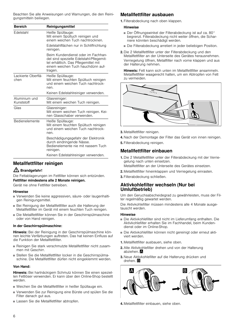 Metallfettfilter reinigen, Brandgefahr, Hinweise | In der geschirrspülmaschine, Hinweis, Von hand, Metallfettfilter ausbauen, Filterabdeckung nach oben klappen, Filterabdeckung reinigen, Metallfettfilter einbauen | Bosch DWK09G660 schwarz Wandesse 90 cm Schräg-Essen-Design User Manual | Page 6 / 40