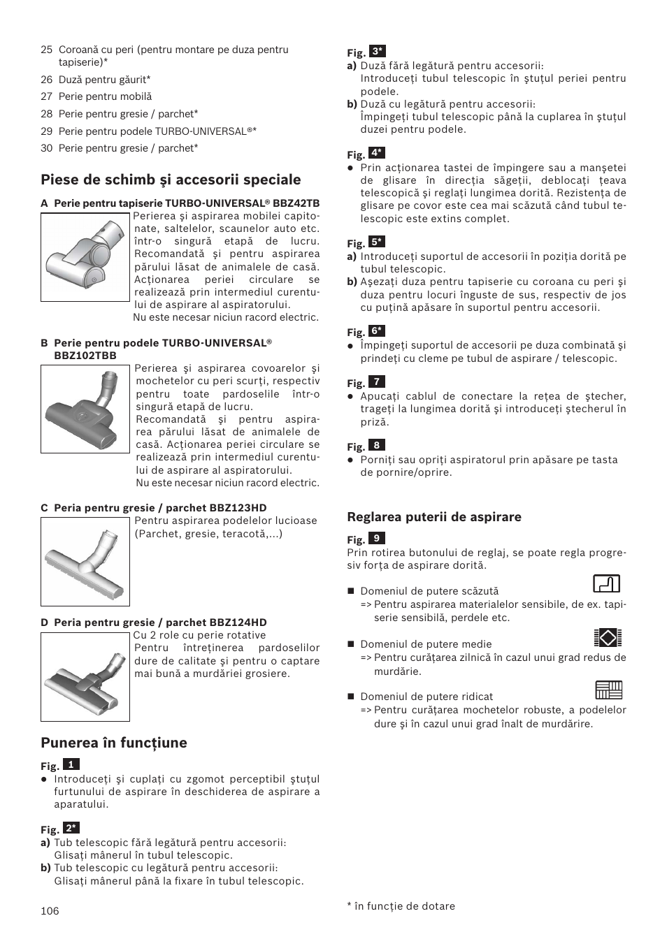 Piese de schimb şi accesorii speciale, Punerea în funcţiune | Bosch Runnn Beutelloser Bodenstaubsauger BGS41432 schwarz User Manual | Page 106 / 139