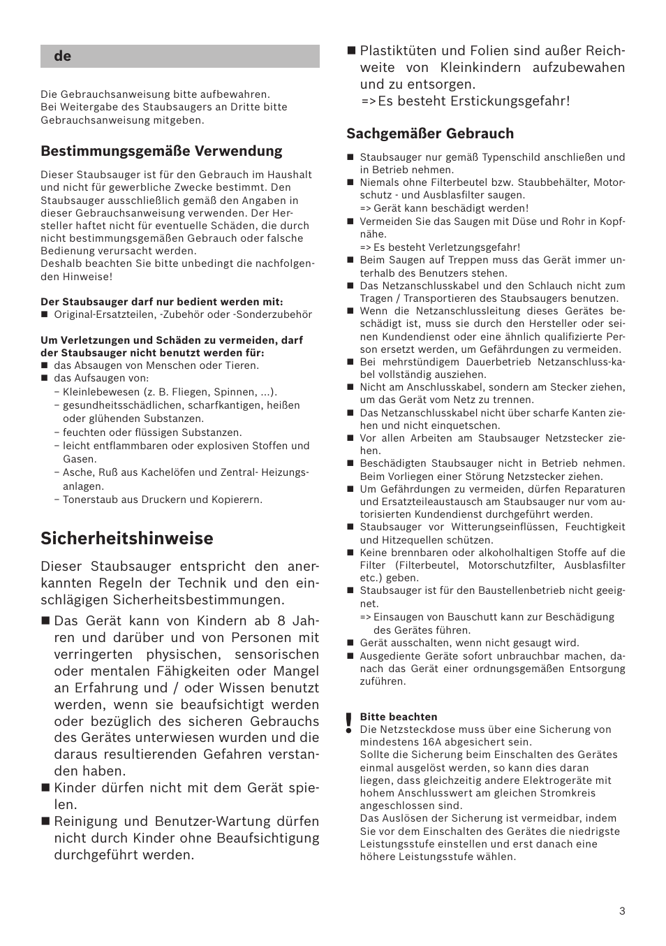 Sicherheitshinweise, Bestimmungsgemäße verwendung, Sachgemäßer gebrauch | Bosch Runnn Beutelloser Bodenstaubsauger BGS41432 schwarz User Manual | Page 3 / 139