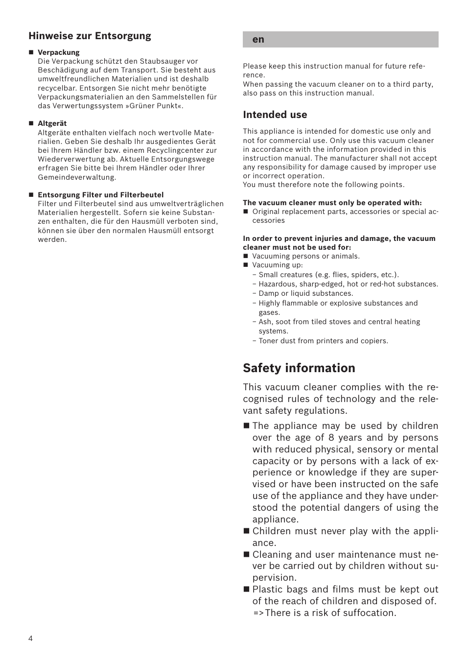 Safety information, Hinweise zur entsorgung, Intended use | Bosch Runnn Beutelloser Bodenstaubsauger BGS41432 schwarz User Manual | Page 4 / 139