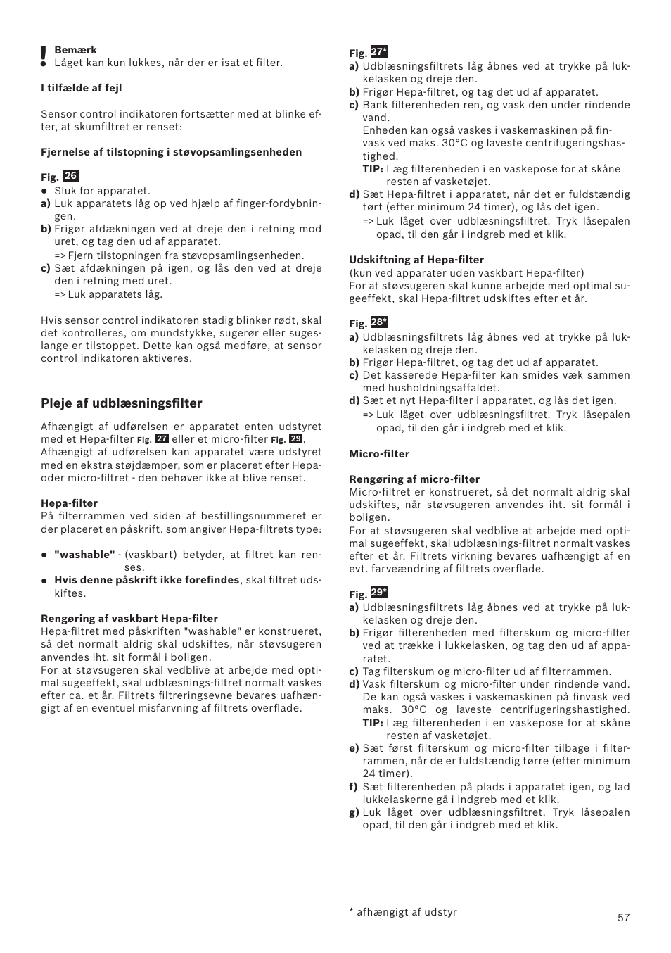 Pleje af udblæsningsfilter | Bosch Runnn Beutelloser Bodenstaubsauger BGS41432 schwarz User Manual | Page 57 / 139