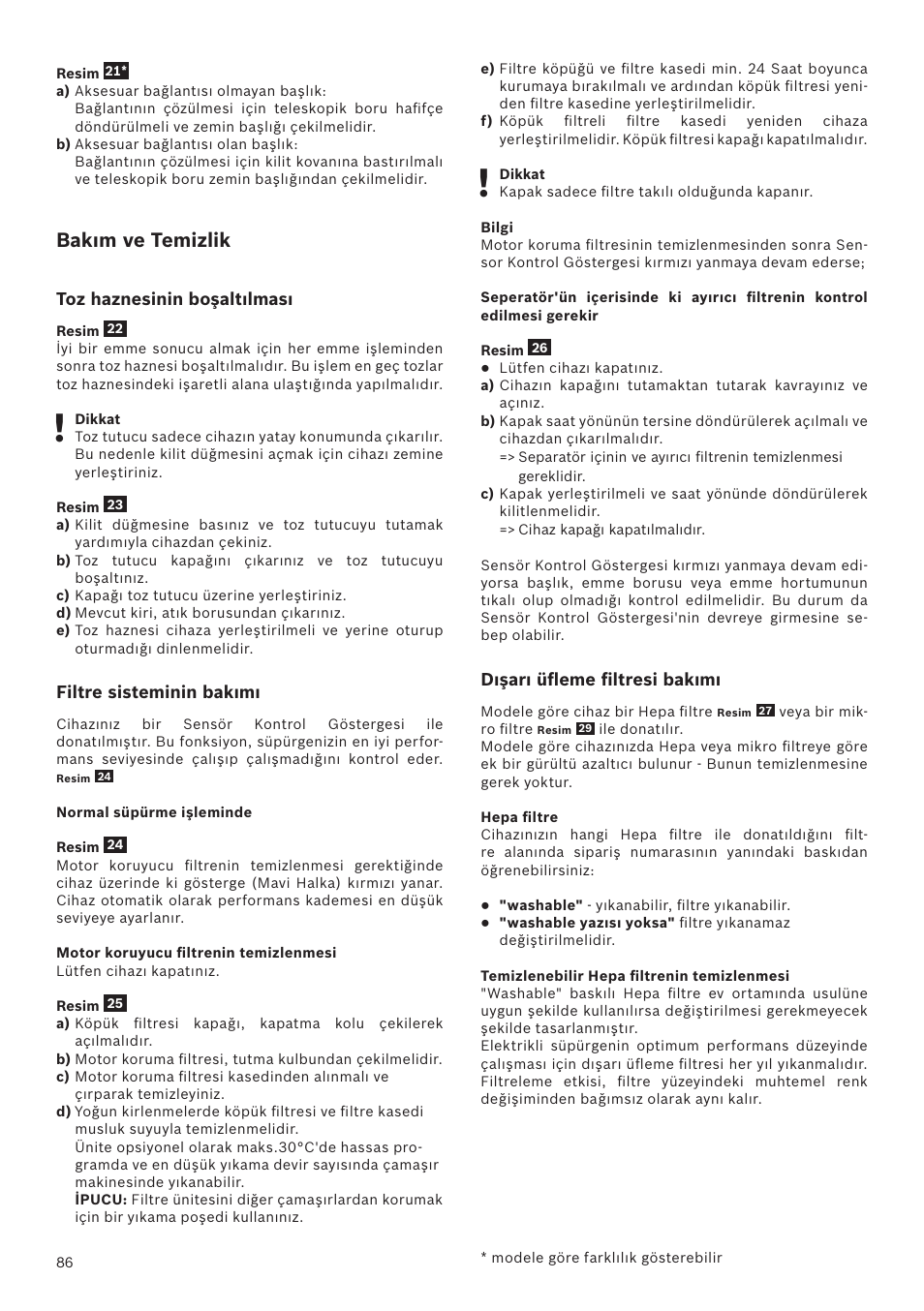 Bakım ve temizlik | Bosch Runnn Beutelloser Bodenstaubsauger BGS41432 schwarz User Manual | Page 86 / 139