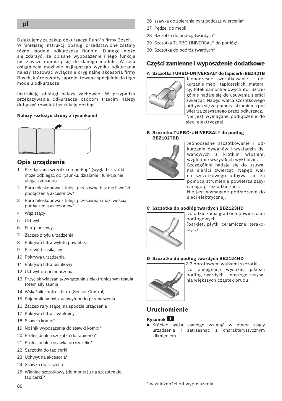 Opis urządzenia, Części zamienne i wyposażenie dodatkowe, Uruchomienie | Bosch Runnn Beutelloser Bodenstaubsauger BGS41432 schwarz User Manual | Page 88 / 139