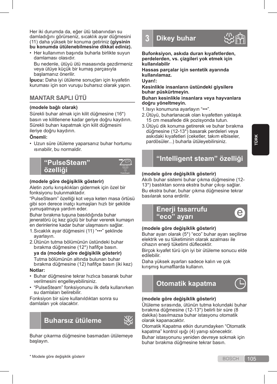 Pulsesteam” özelliği, Buharsız ütüleme, Dikey buhar | Intelligent steam” özelliği, Enerji tasarrufu “eco” ayarı, Otomatik kapatma | Bosch TDS3511 weiß schwarz Dampfstation Sensixx B35L User Manual | Page 105 / 160