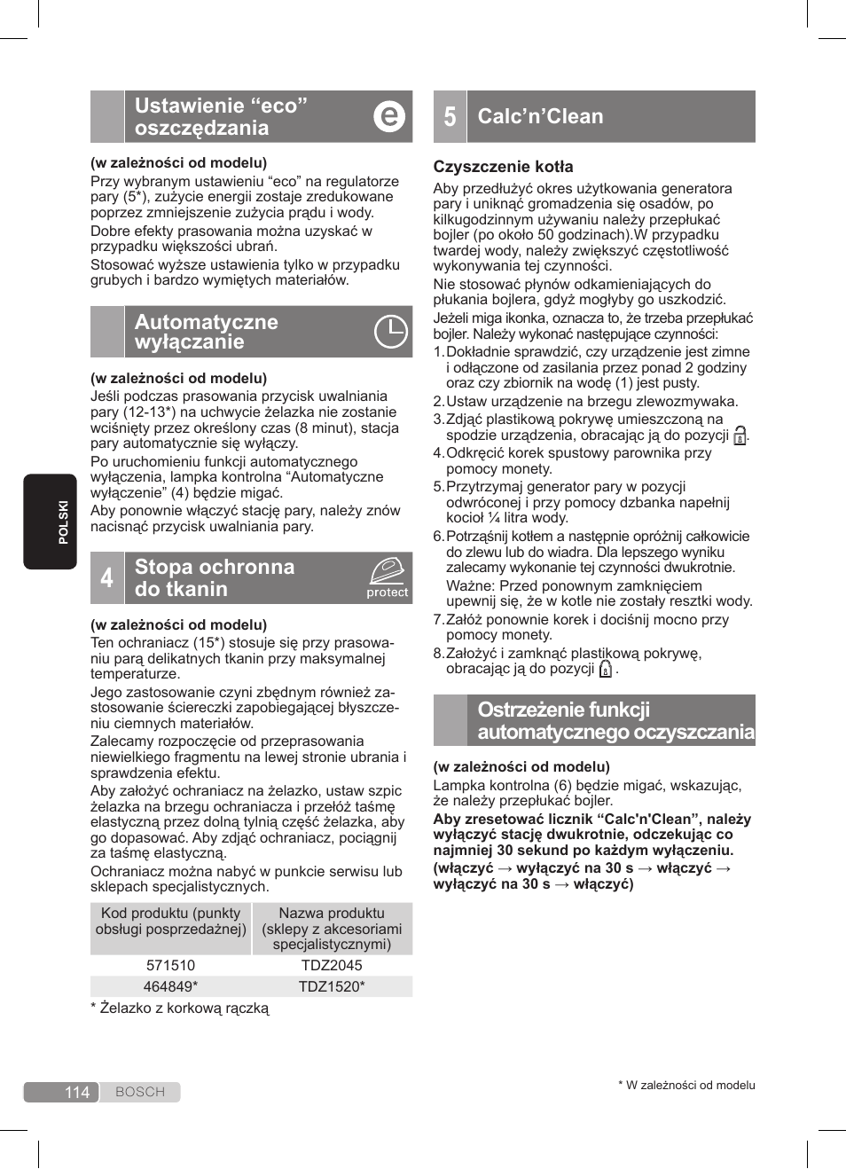 Ustawienie “eco” oszczędzania, Automatyczne wyłączanie, Stopa ochronna do tkanin | Calc’n’clean, Ostrzeżenie funkcji automatycznego oczyszczania | Bosch TDS3511 weiß schwarz Dampfstation Sensixx B35L User Manual | Page 114 / 160