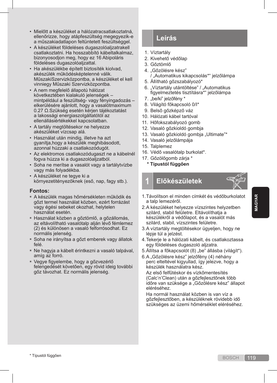 Leírás, Előkészületek | Bosch TDS3511 weiß schwarz Dampfstation Sensixx B35L User Manual | Page 119 / 160