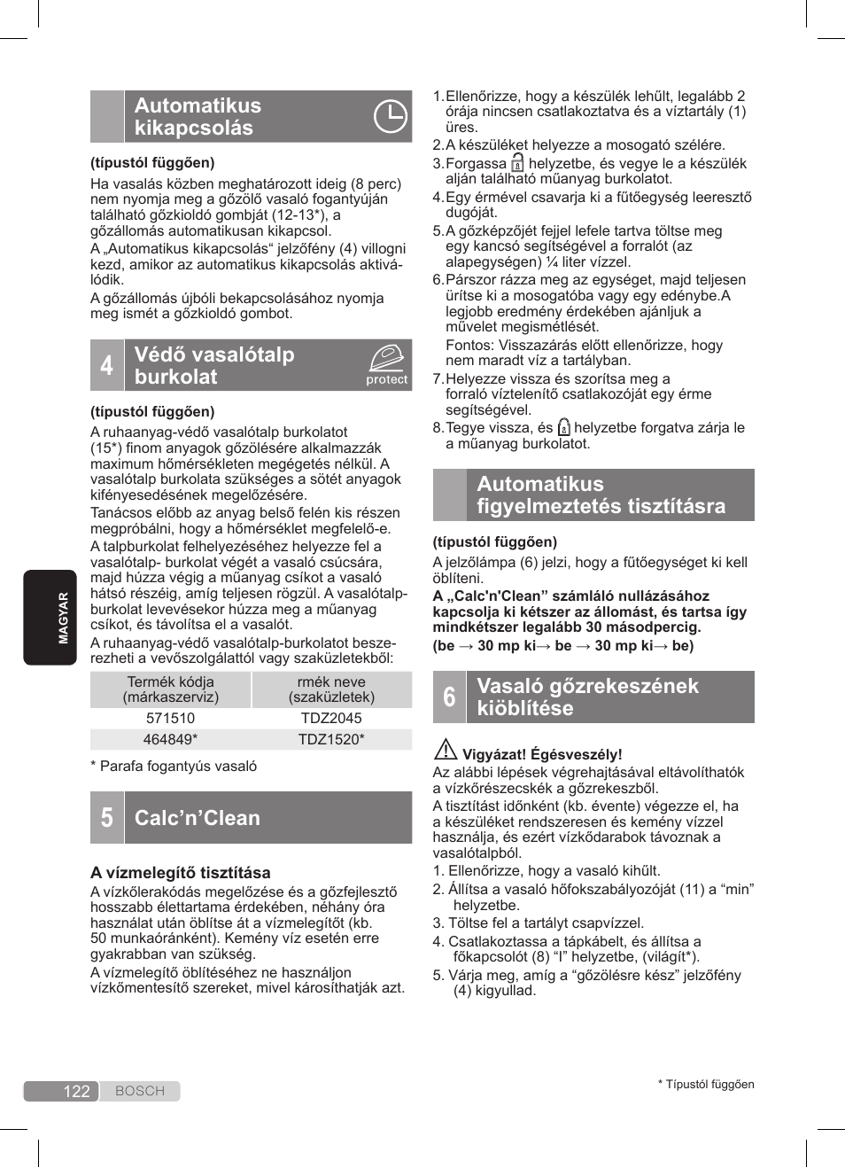 Automatikus kikapcsolás, Védő vasalótalp burkolat, Calc’n’clean | Automatikus figyelmeztetés tisztításra, Vasaló gőzrekeszének kiöblítése | Bosch TDS3511 weiß schwarz Dampfstation Sensixx B35L User Manual | Page 122 / 160