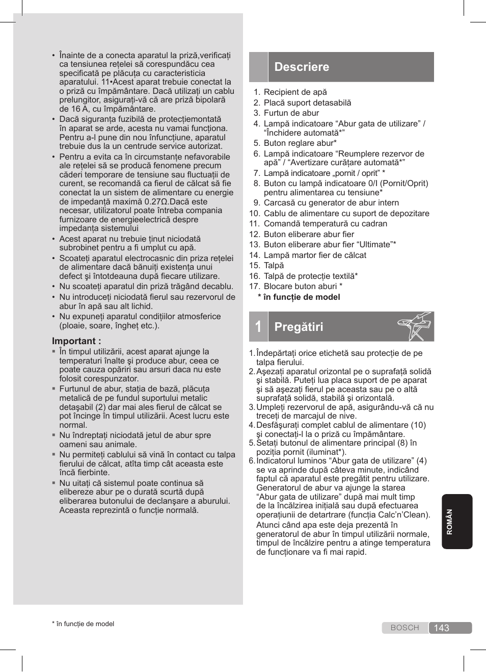 Descriere, Pregătiri | Bosch TDS3511 weiß schwarz Dampfstation Sensixx B35L User Manual | Page 143 / 160