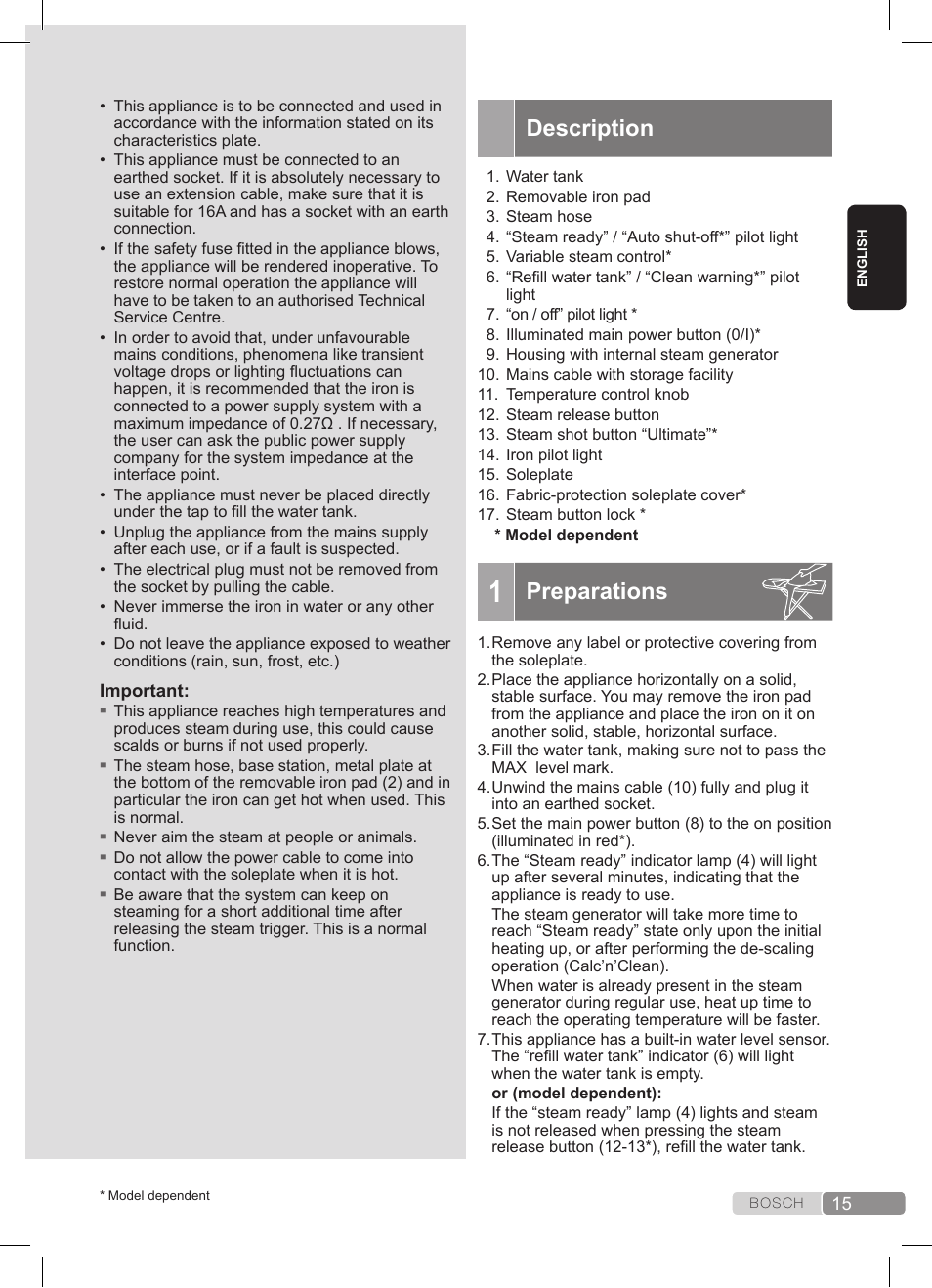 Description, Preparations | Bosch TDS3511 weiß schwarz Dampfstation Sensixx B35L User Manual | Page 15 / 160
