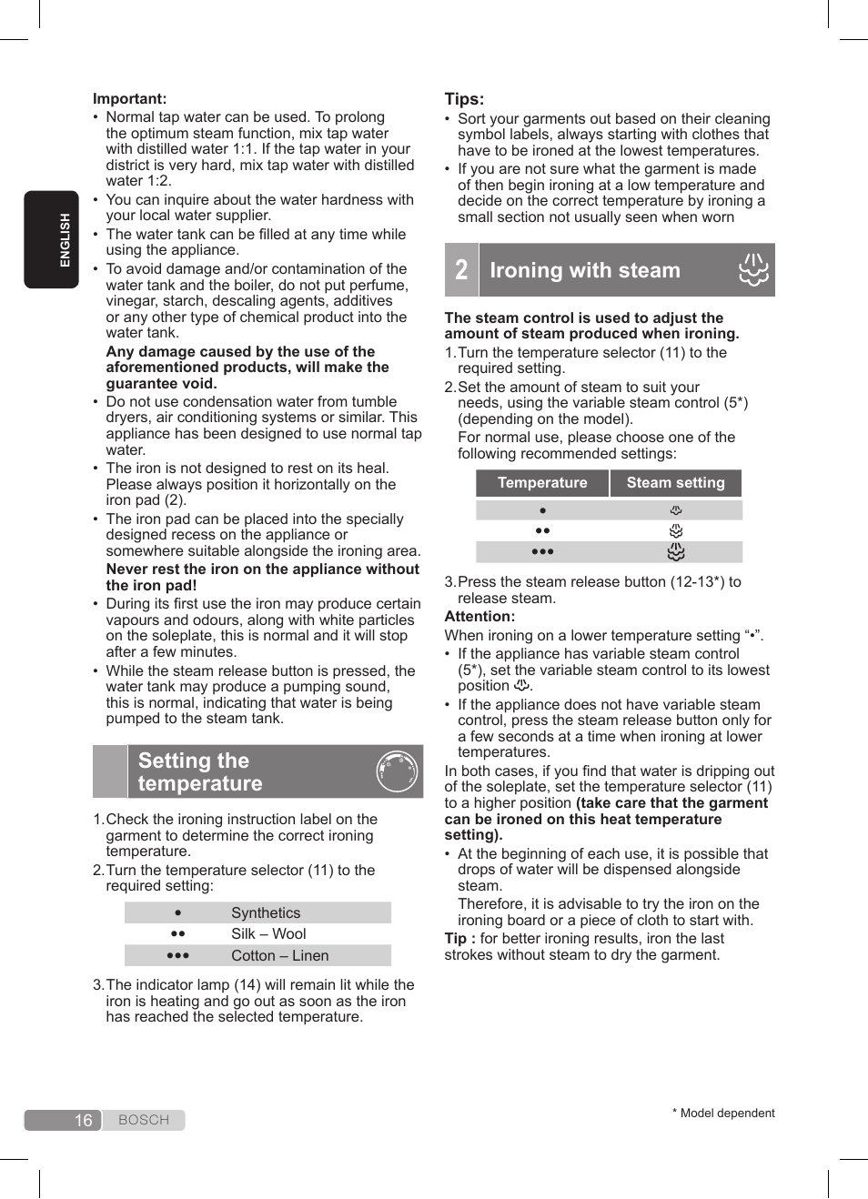 Setting the temperature, Ironing with steam | Bosch TDS3511 weiß schwarz Dampfstation Sensixx B35L User Manual | Page 16 / 160