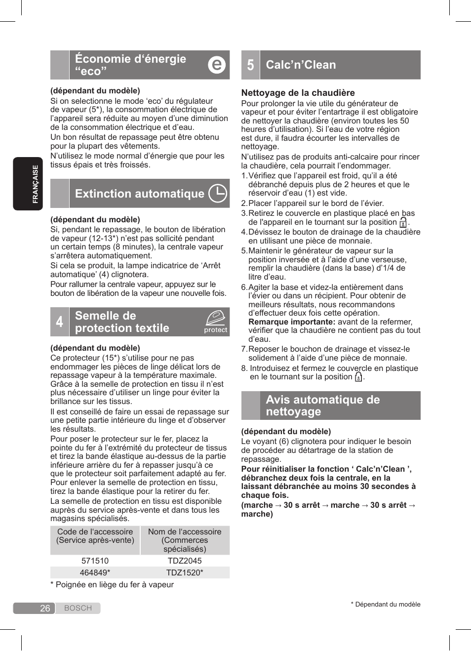 Économie d‘énergie “eco, Extinction automatique, Semelle de protection textile | Calc’n’clean, Avis automatique de nettoyage | Bosch TDS3511 weiß schwarz Dampfstation Sensixx B35L User Manual | Page 26 / 160
