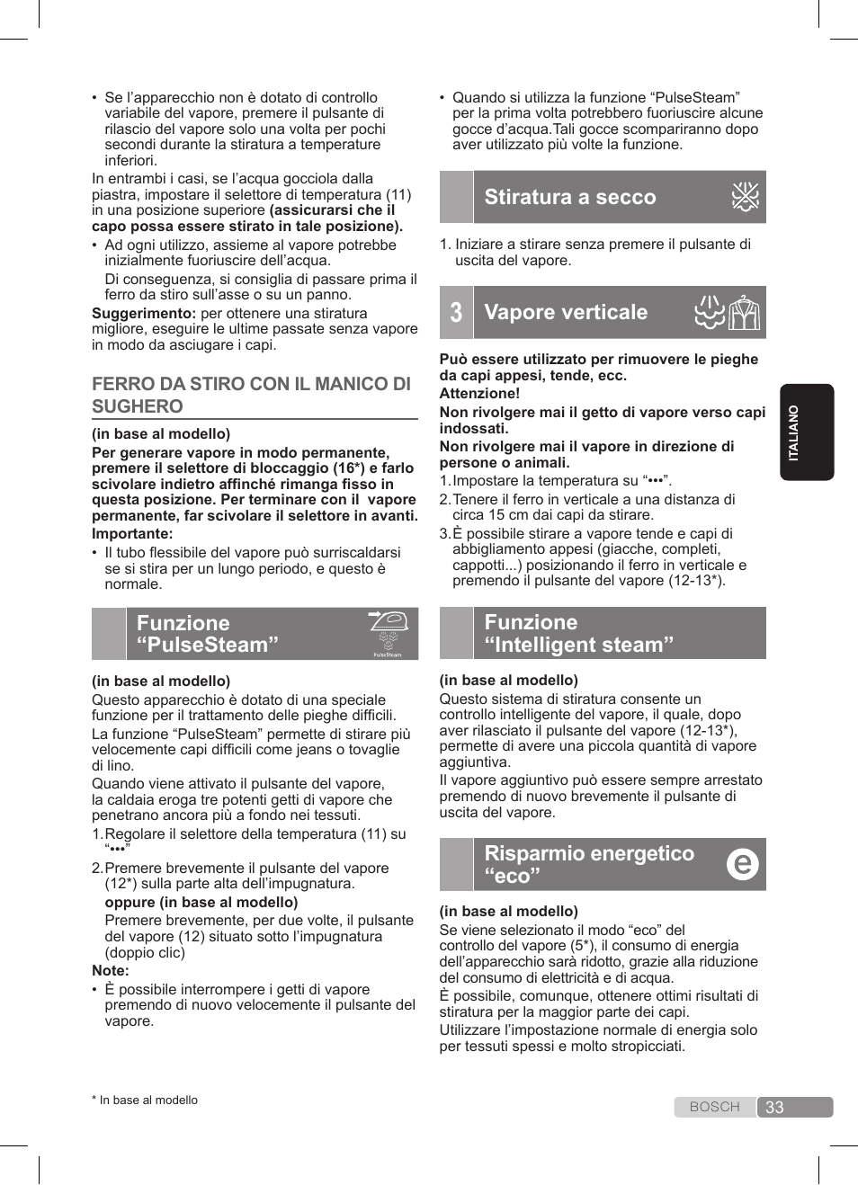 Funzione “pulsesteam, Stiratura a secco, Vapore verticale | Funzione “intelligent steam, Risparmio energetico “eco | Bosch TDS3511 weiß schwarz Dampfstation Sensixx B35L User Manual | Page 33 / 160