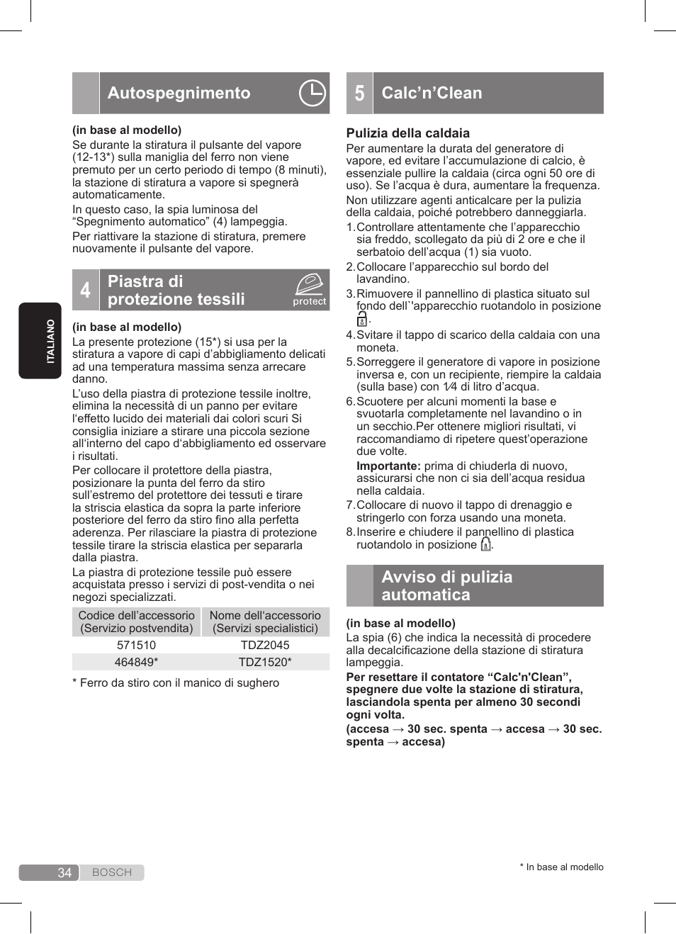 Autospegnimento, Piastra di protezione tessili, Calc’n’clean | Avviso di pulizia automatica | Bosch TDS3511 weiß schwarz Dampfstation Sensixx B35L User Manual | Page 34 / 160