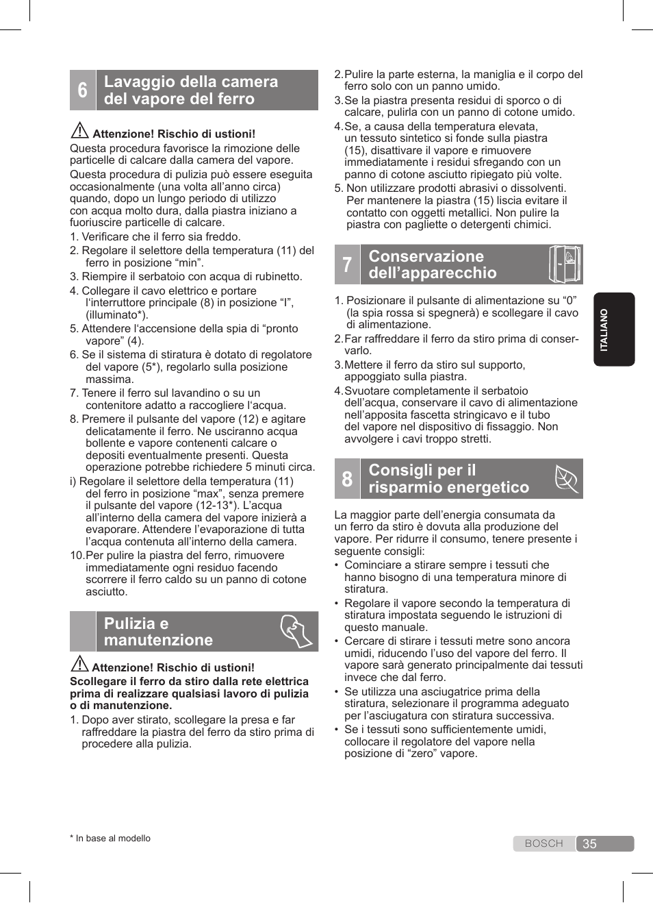 Lavaggio della camera del vapore del ferro, Pulizia e manutenzione, Conservazione dell’apparecchio | Consigli per il risparmio energetico | Bosch TDS3511 weiß schwarz Dampfstation Sensixx B35L User Manual | Page 35 / 160