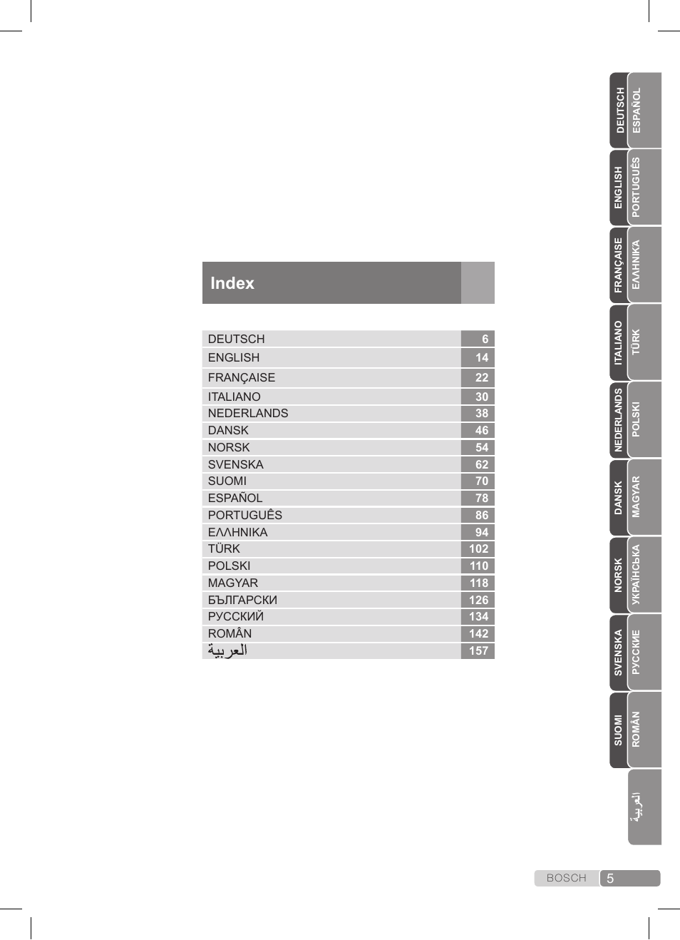 Index | Bosch TDS3511 weiß schwarz Dampfstation Sensixx B35L User Manual | Page 5 / 160