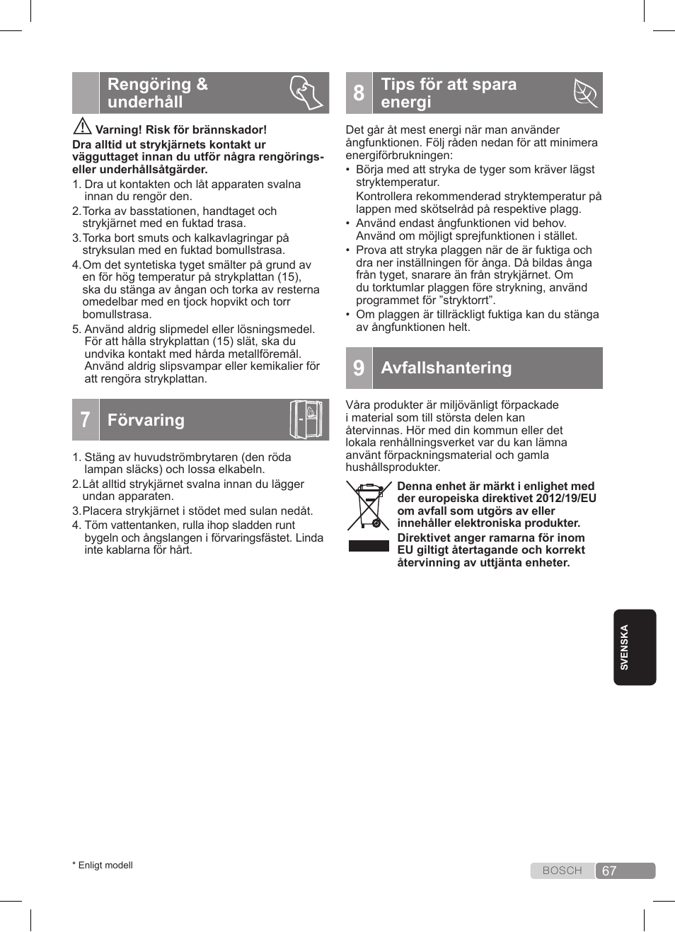 Rengöring & underhåll, Förvaring, Tips för att spara energi | Avfallshantering | Bosch TDS3511 weiß schwarz Dampfstation Sensixx B35L User Manual | Page 67 / 160