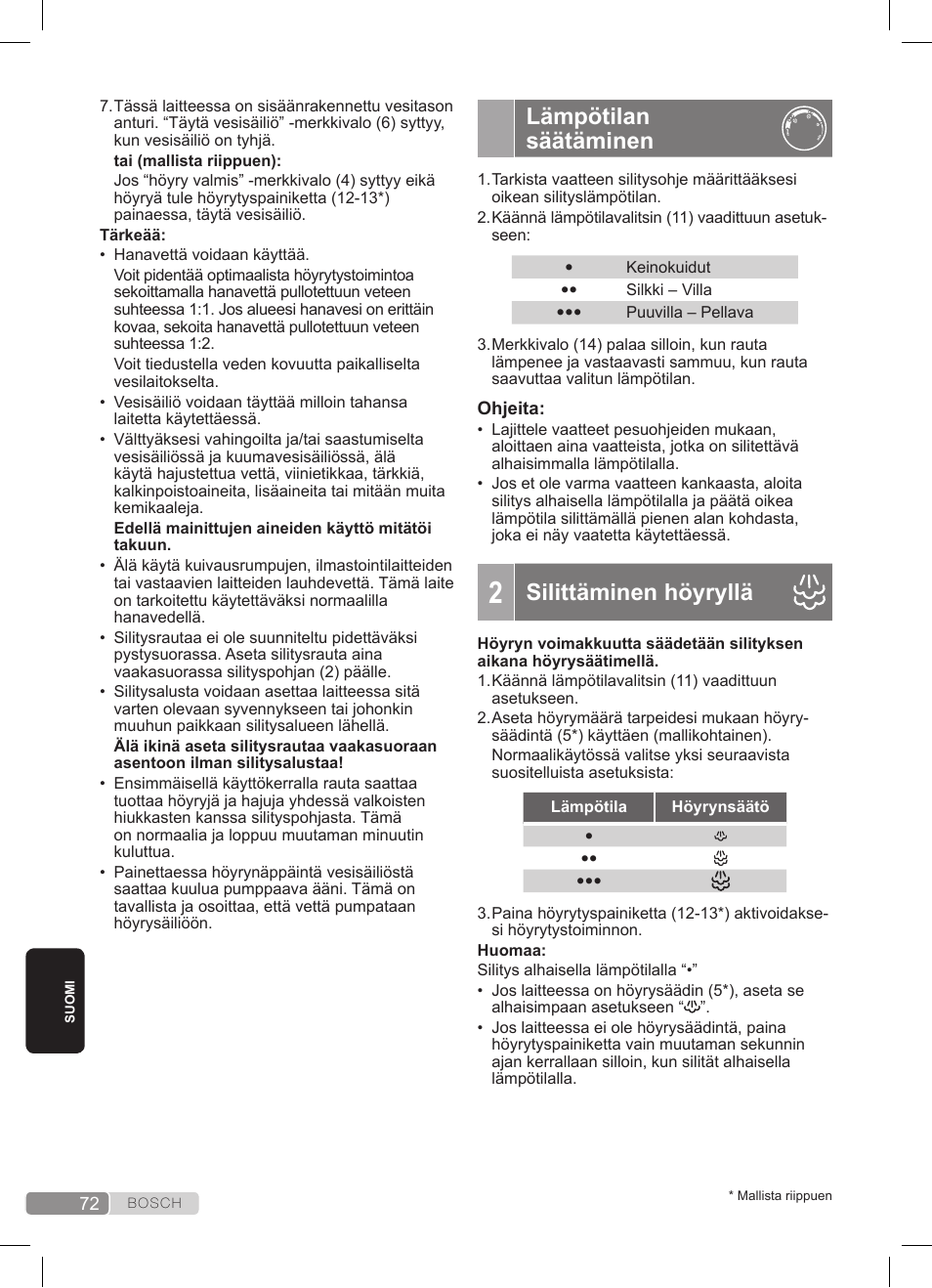 Lämpötilan säätäminen, Silittäminen höyryllä | Bosch TDS3511 weiß schwarz Dampfstation Sensixx B35L User Manual | Page 72 / 160