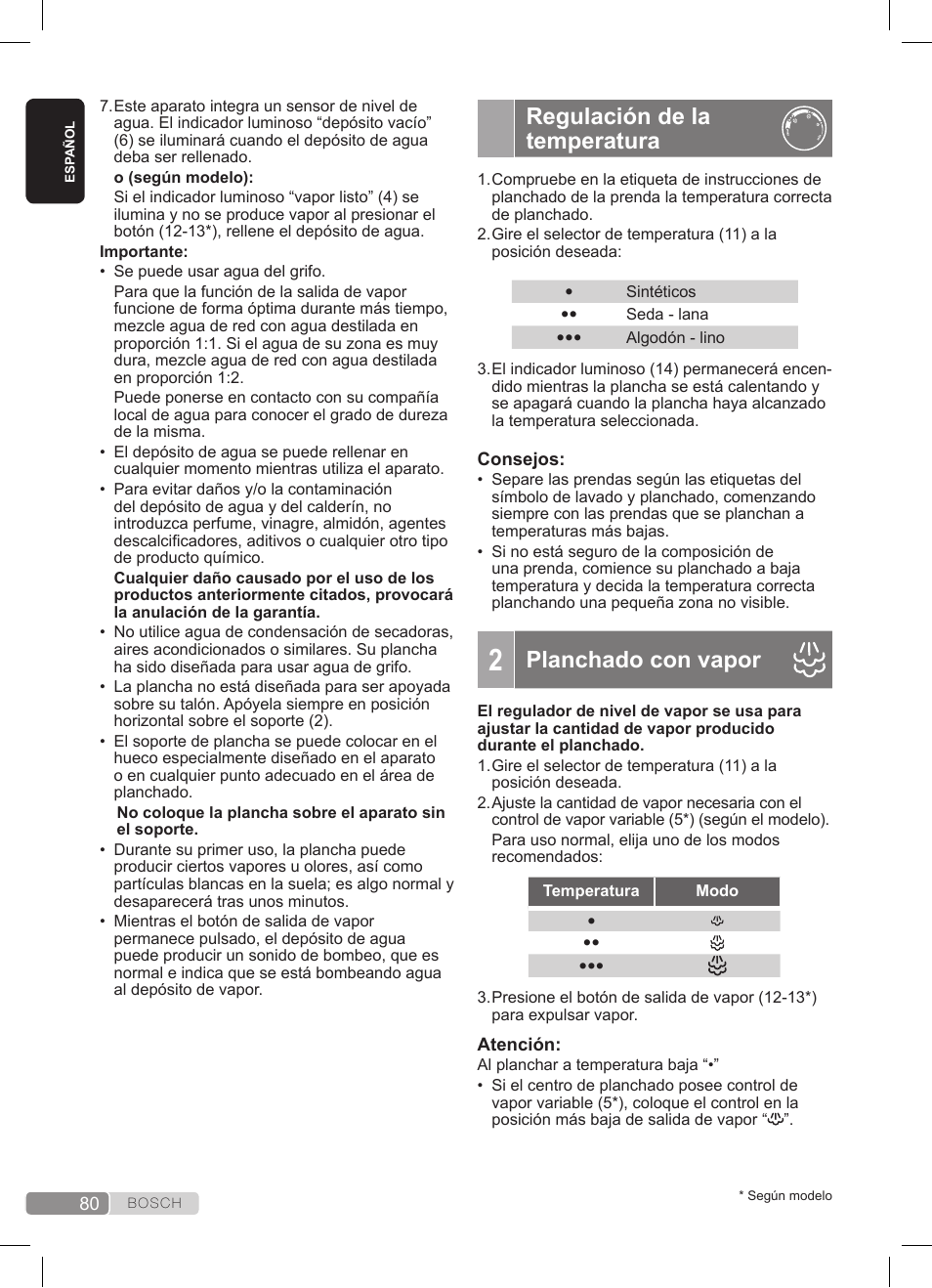 Regulación de la temperatura, Planchado con vapor | Bosch TDS3511 weiß schwarz Dampfstation Sensixx B35L User Manual | Page 80 / 160