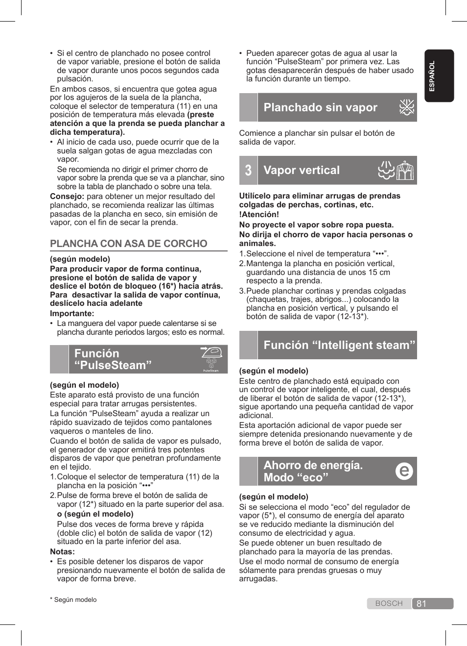 Función “pulsesteam, Planchado sin vapor, Vapor vertical | Función “intelligent steam, Ahorro de energía. modo “eco | Bosch TDS3511 weiß schwarz Dampfstation Sensixx B35L User Manual | Page 81 / 160