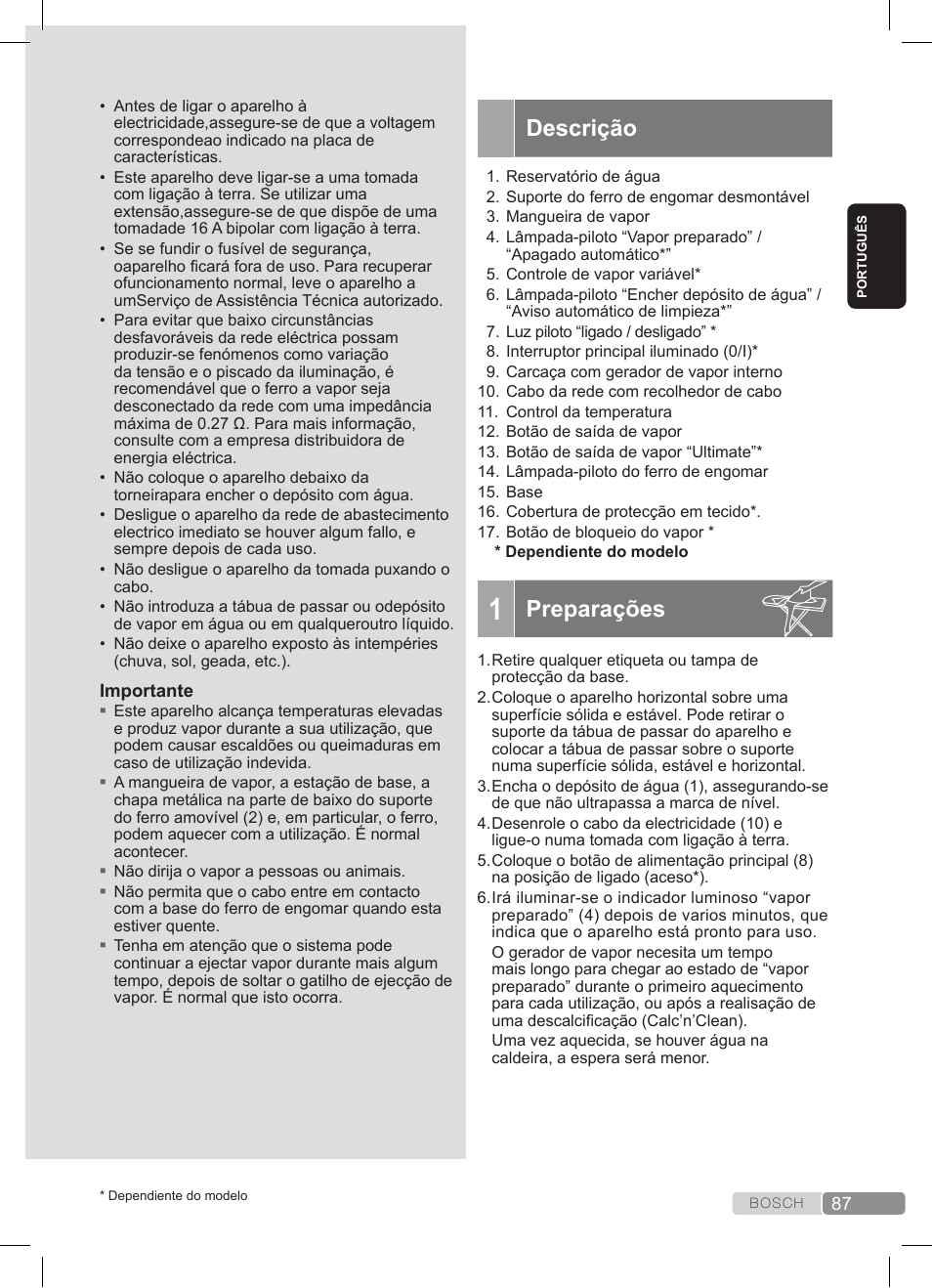 Descrição, Preparações | Bosch TDS3511 weiß schwarz Dampfstation Sensixx B35L User Manual | Page 87 / 160