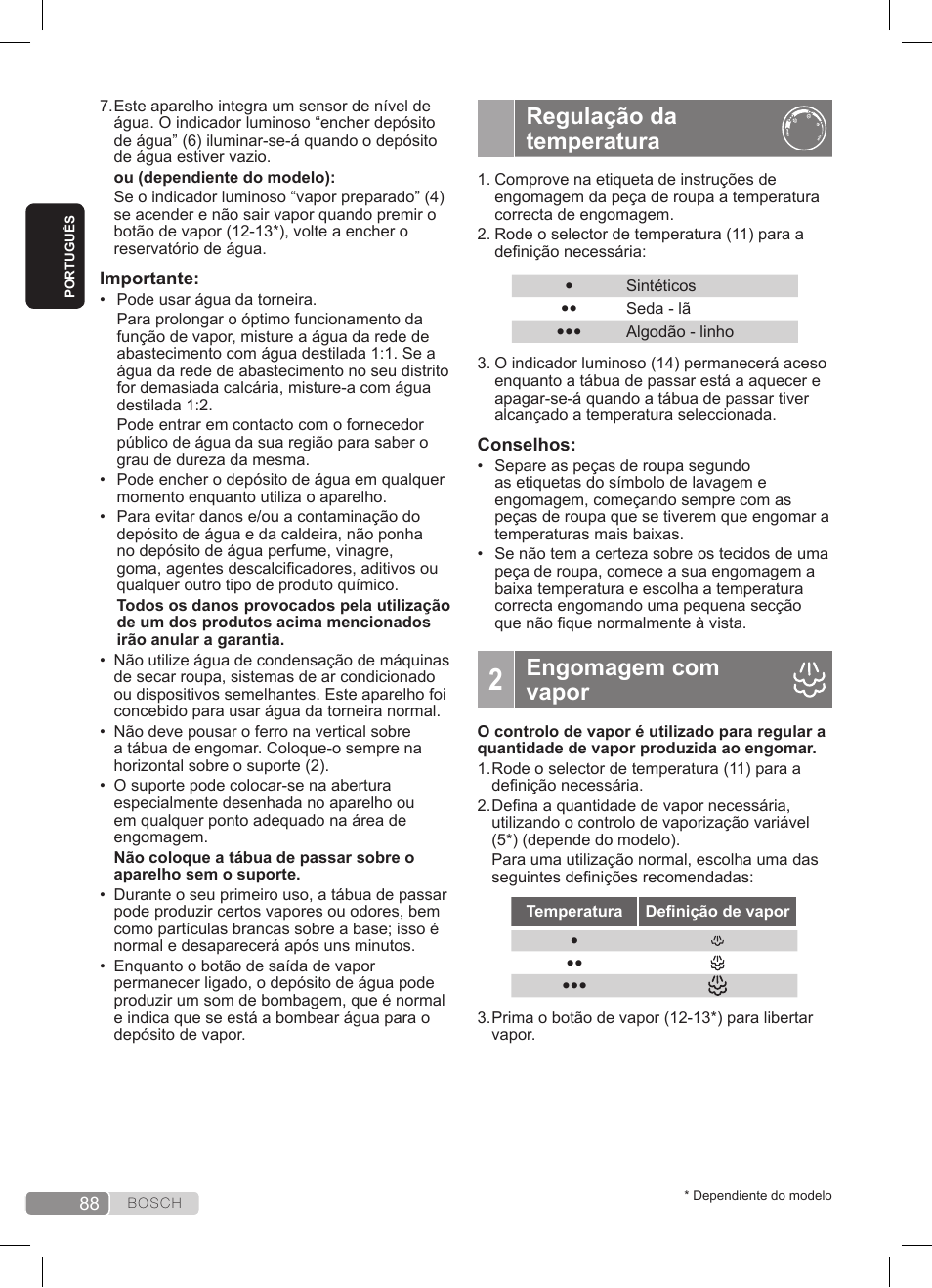 Regulação da temperatura, Engomagem com vapor | Bosch TDS3511 weiß schwarz Dampfstation Sensixx B35L User Manual | Page 88 / 160