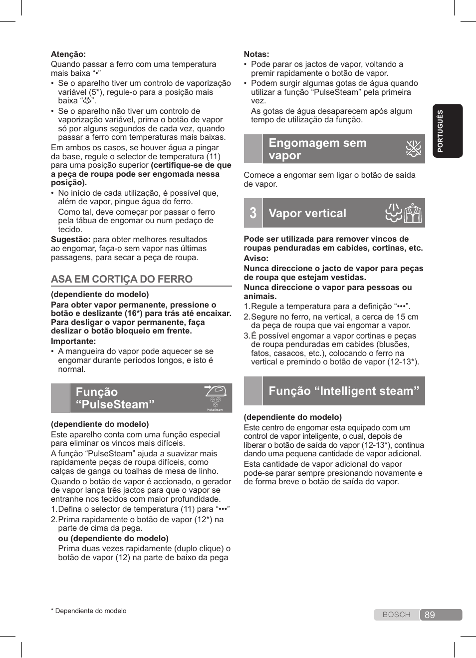 Função “pulsesteam, Engomagem sem vapor, Vapor vertical | Função “intelligent steam | Bosch TDS3511 weiß schwarz Dampfstation Sensixx B35L User Manual | Page 89 / 160