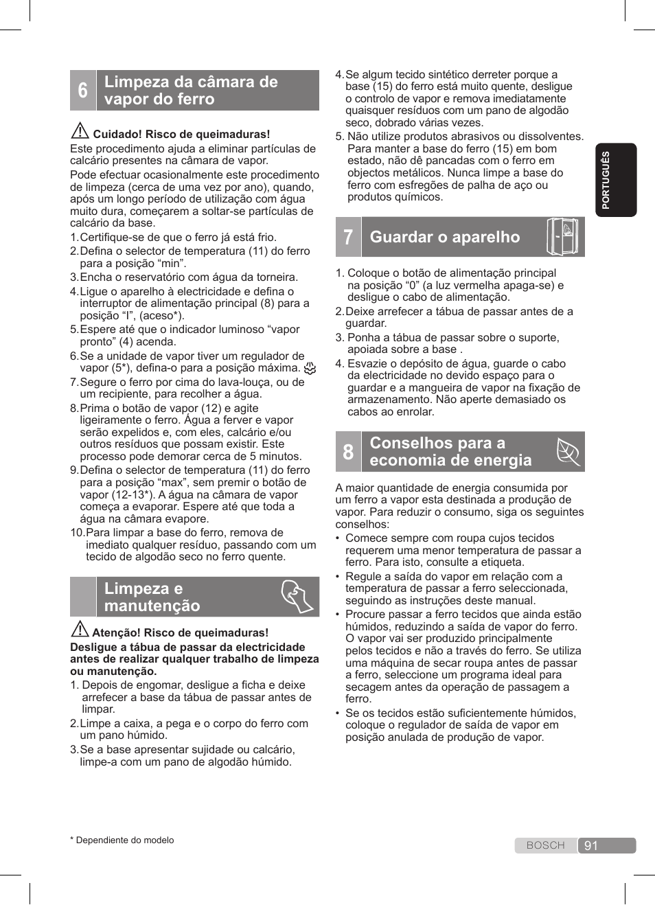 Limpeza da câmara de vapor do ferro, Limpeza e manutenção, Guardar o aparelho | Conselhos para a economia de energia | Bosch TDS3511 weiß schwarz Dampfstation Sensixx B35L User Manual | Page 91 / 160