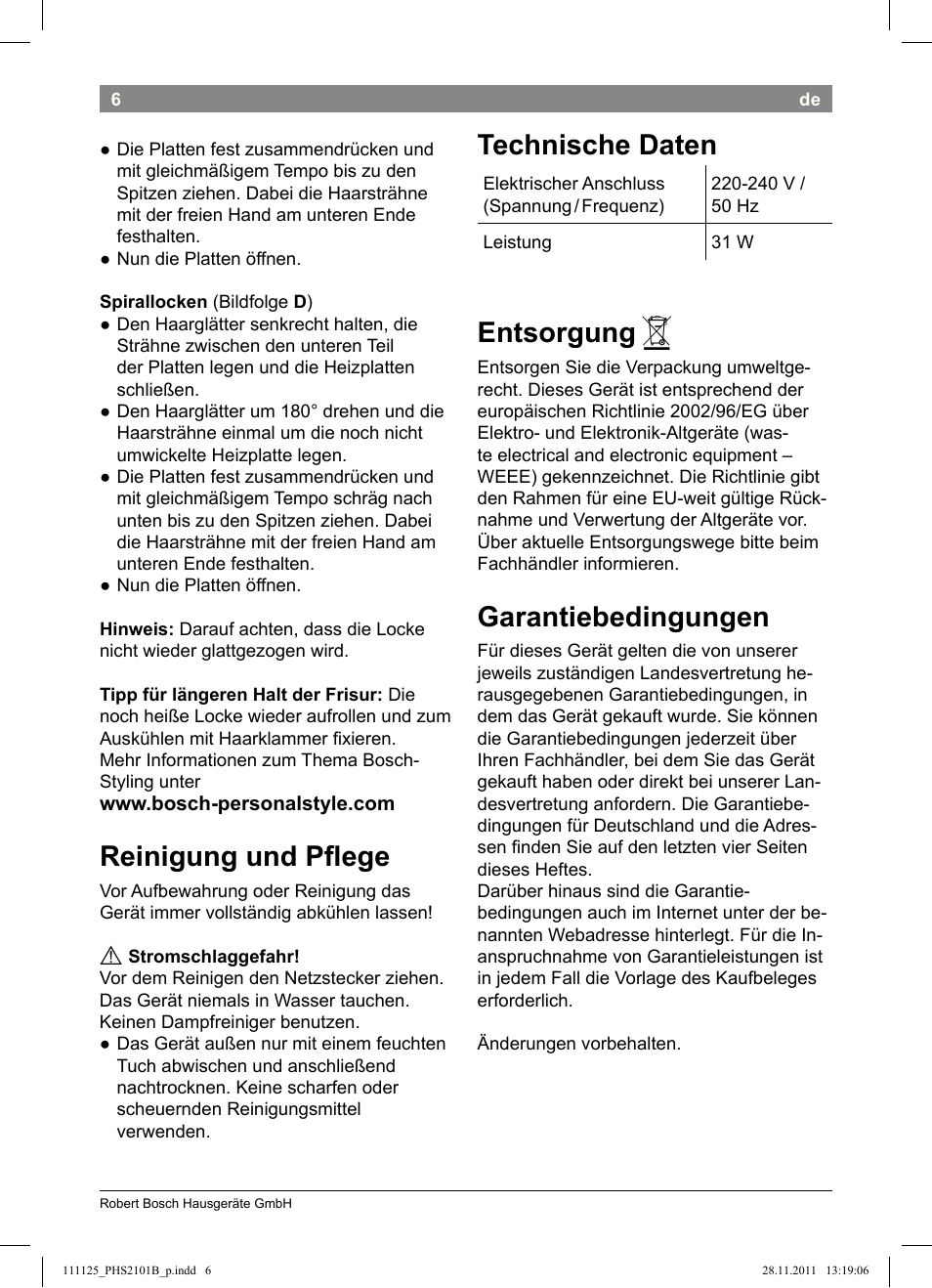 Reinigung und plege, Technische daten, Entsorgung | Garantiebedingungen | Bosch PHS2101 Haarglätter StarShine StraightStyle User Manual | Page 10 / 108