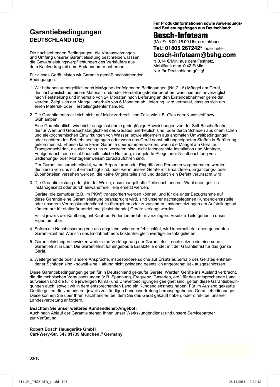Bosch-infoteam, Garantiebedingungen | Bosch PHS2101 Haarglätter StarShine StraightStyle User Manual | Page 107 / 108