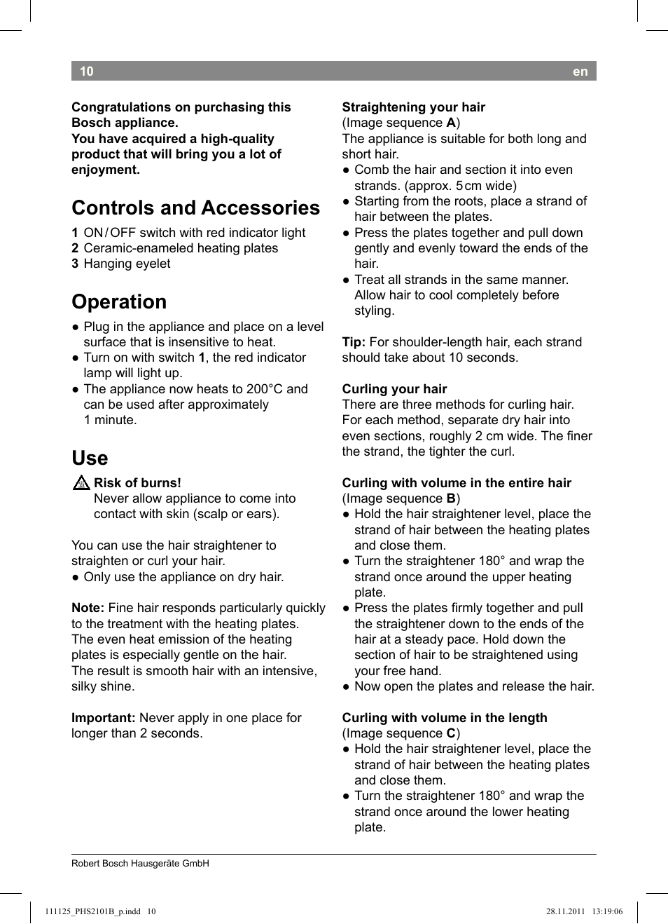 Controls and accessories, Operation | Bosch PHS2101 Haarglätter StarShine StraightStyle User Manual | Page 14 / 108