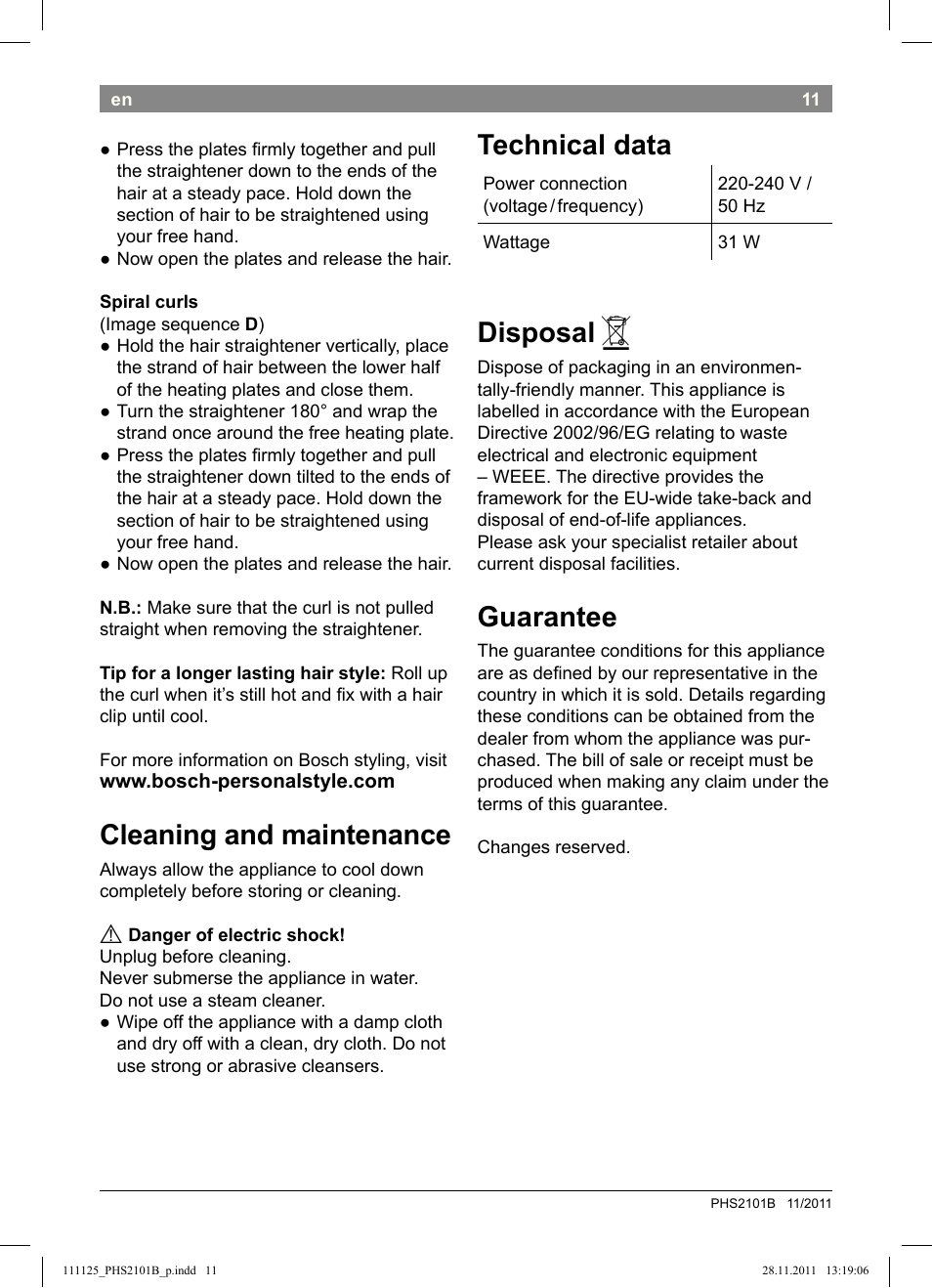 Cleaning and maintenance, Technical data, Disposal | Guarantee | Bosch PHS2101 Haarglätter StarShine StraightStyle User Manual | Page 15 / 108