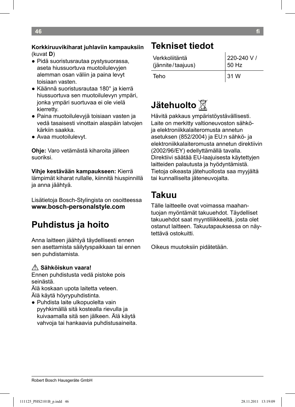 Puhdistus ja hoito, Tekniset tiedot, Jätehuolto | Takuu | Bosch PHS2101 Haarglätter StarShine StraightStyle User Manual | Page 50 / 108