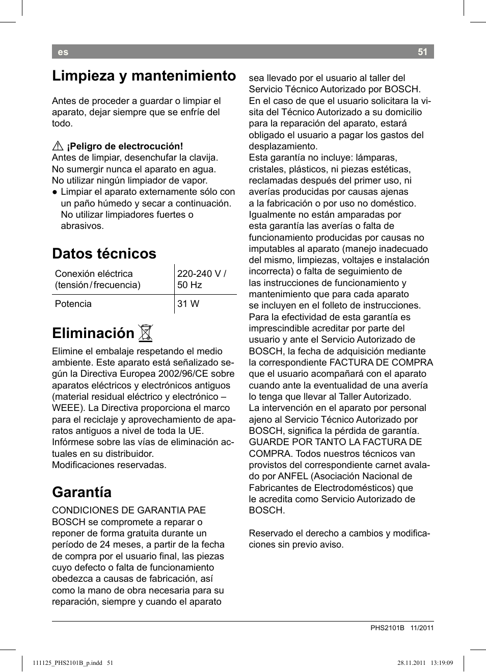 Limpieza y mantenimiento, Datos técnicos, Eliminación | Garantía | Bosch PHS2101 Haarglätter StarShine StraightStyle User Manual | Page 55 / 108