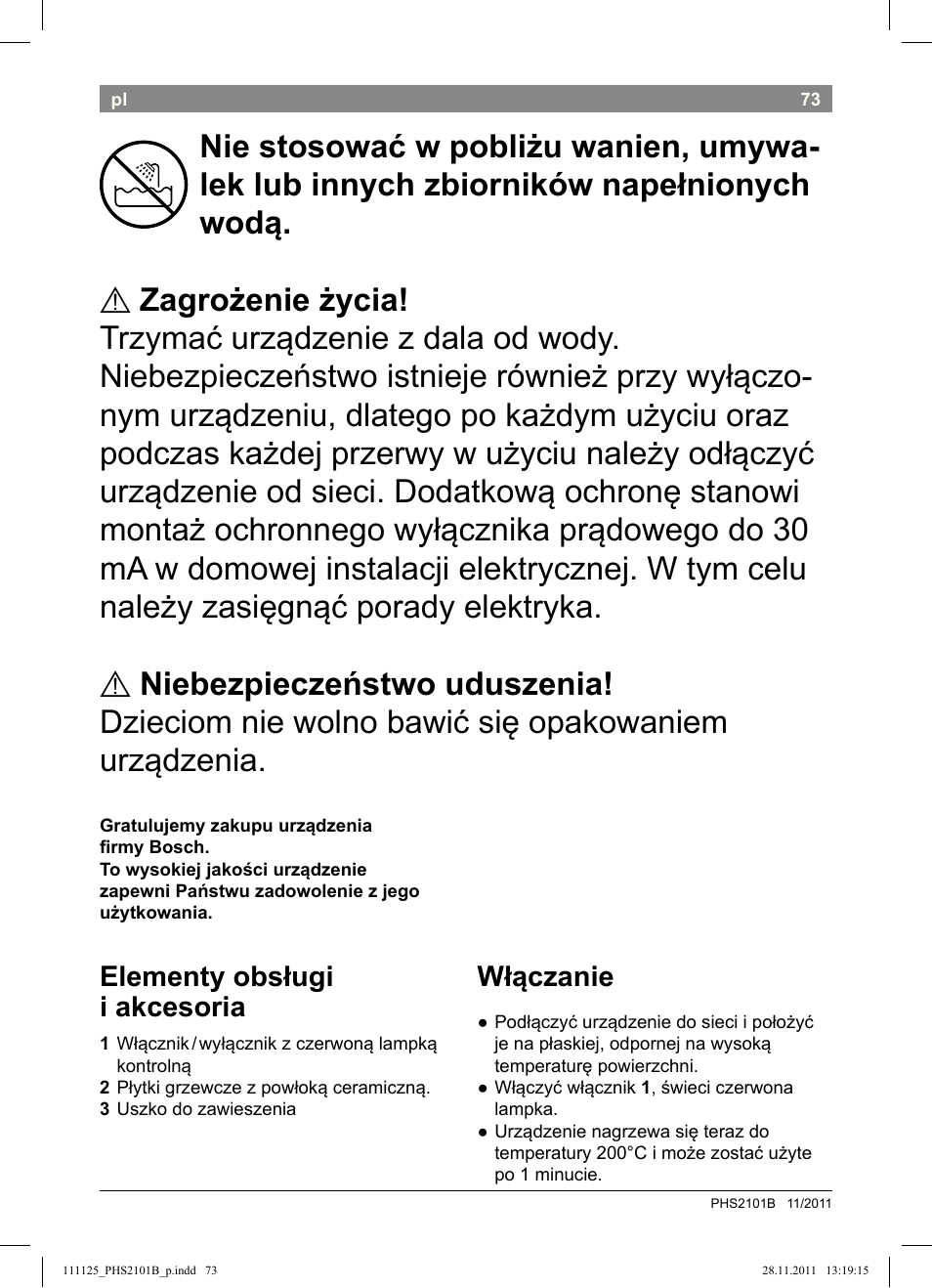 Elementy obsługi i akcesoria, Włączanie | Bosch PHS2101 Haarglätter StarShine StraightStyle User Manual | Page 77 / 108