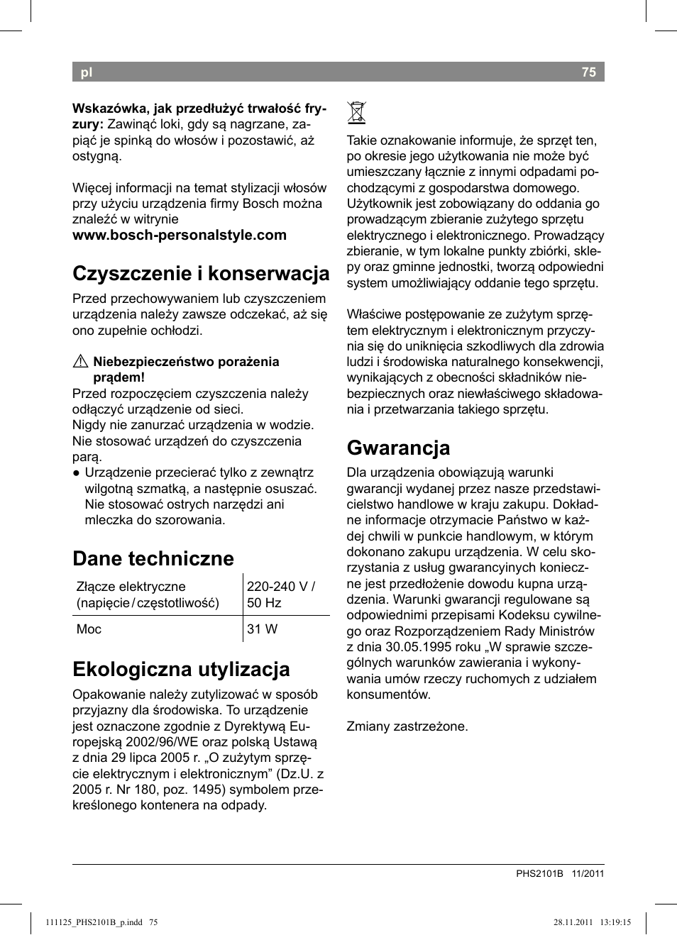 Czyszczenie i konserwacja, Dane techniczne, Ekologiczna utylizacja | Gwarancja | Bosch PHS2101 Haarglätter StarShine StraightStyle User Manual | Page 79 / 108