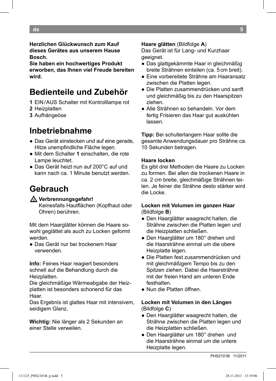 Bedienteile und zubehör, Inbetriebnahme, Gebrauch | Bosch PHS2101 Haarglätter StarShine StraightStyle User Manual | Page 9 / 108