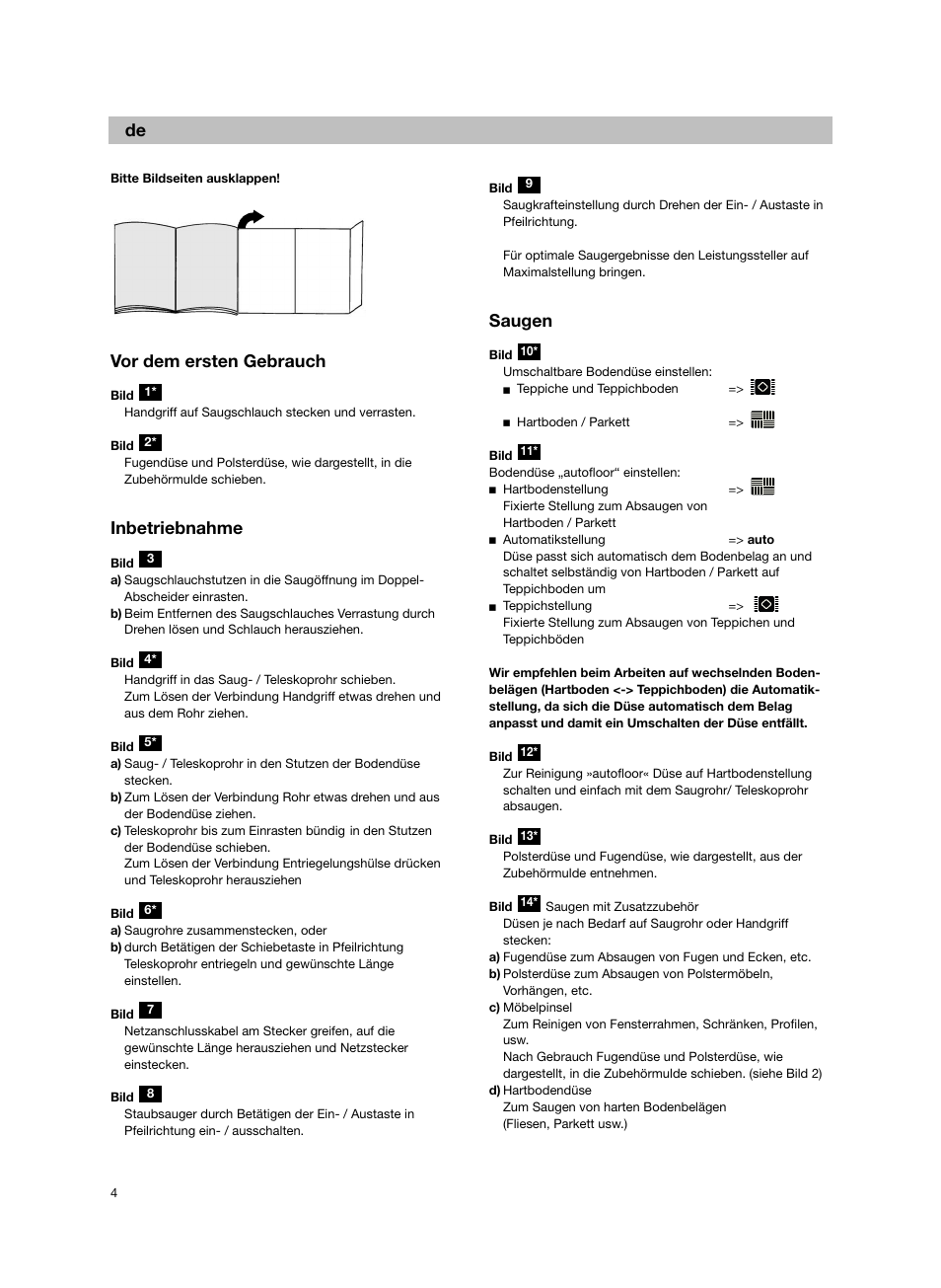 Vor dem ersten gebrauch, Inbetriebnahme, Saugen | Bosch Bodenstaubsauger BX32131 magic black transluzent schwarz anthrazit BX3 hepa 2100 W User Manual | Page 10 / 143