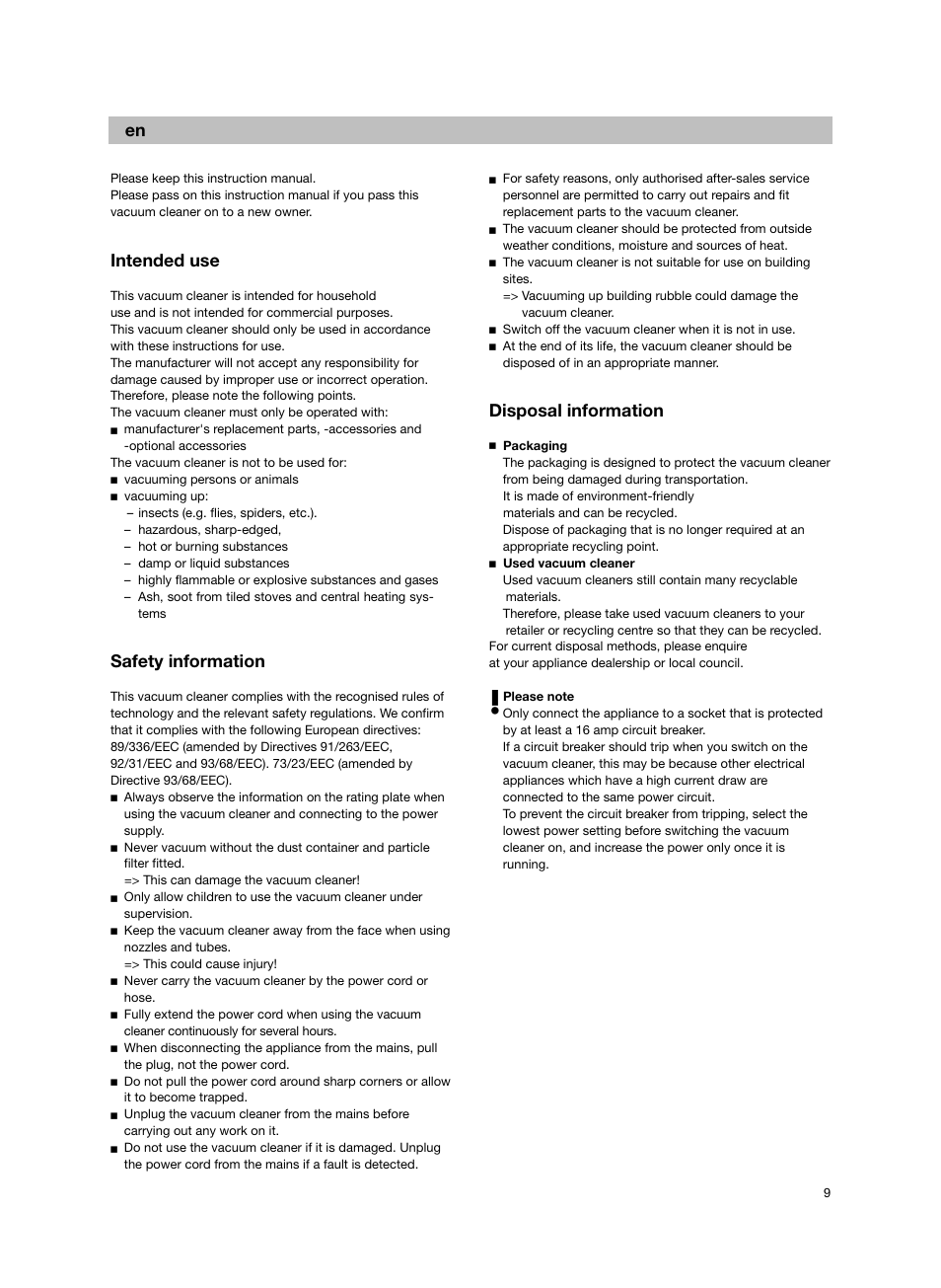 Intended use, Safety information, Disposal information | Bosch Bodenstaubsauger BX32131 magic black transluzent schwarz anthrazit BX3 hepa 2100 W User Manual | Page 15 / 143