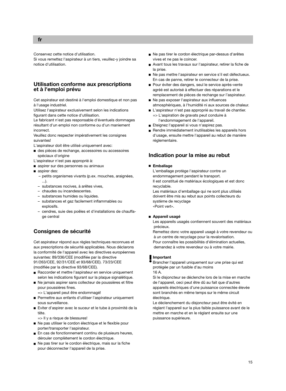 De fr, Consignes de sécurité, Indication pour la mise au rebut | Bosch Bodenstaubsauger BX32131 magic black transluzent schwarz anthrazit BX3 hepa 2100 W User Manual | Page 21 / 143