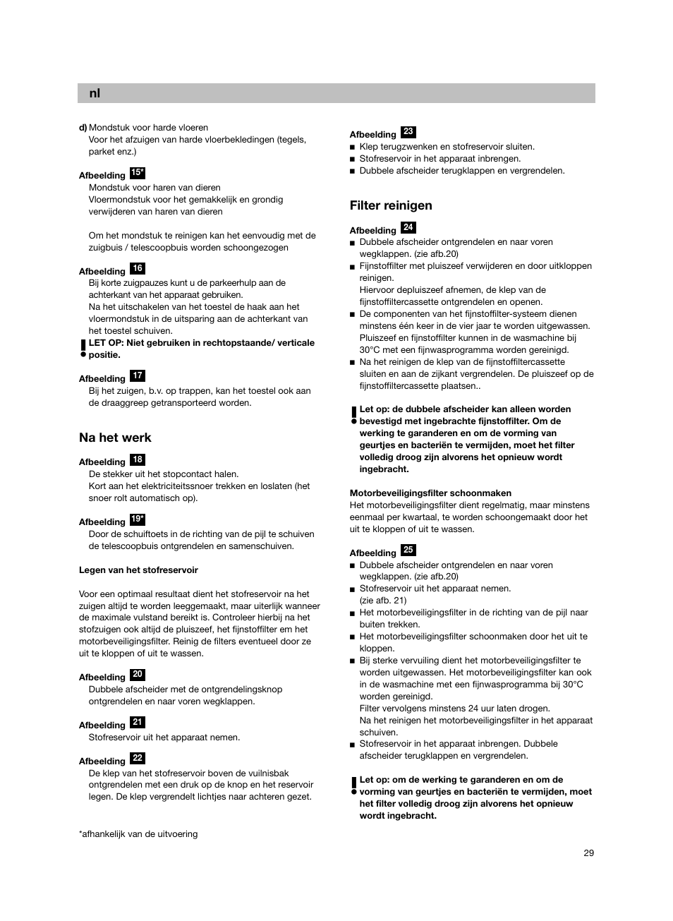 De nl, Na het werk, Filter reinigen | Bosch Bodenstaubsauger BX32131 magic black transluzent schwarz anthrazit BX3 hepa 2100 W User Manual | Page 35 / 143