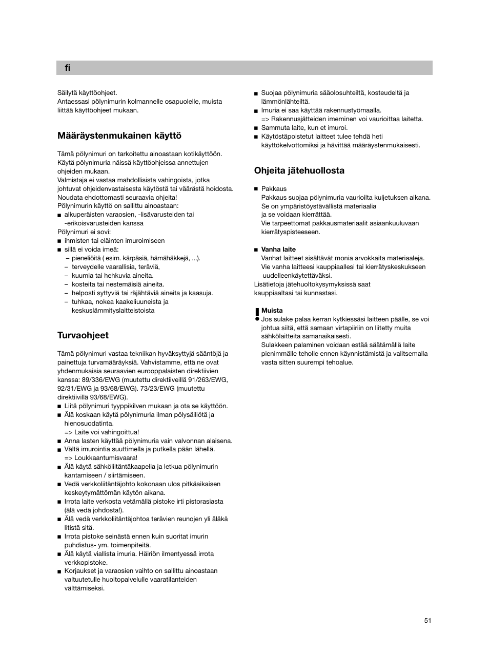 De fi, Määräystenmukainen käyttö, Turvaohjeet | Ohjeita jätehuollosta | Bosch Bodenstaubsauger BX32131 magic black transluzent schwarz anthrazit BX3 hepa 2100 W User Manual | Page 57 / 143