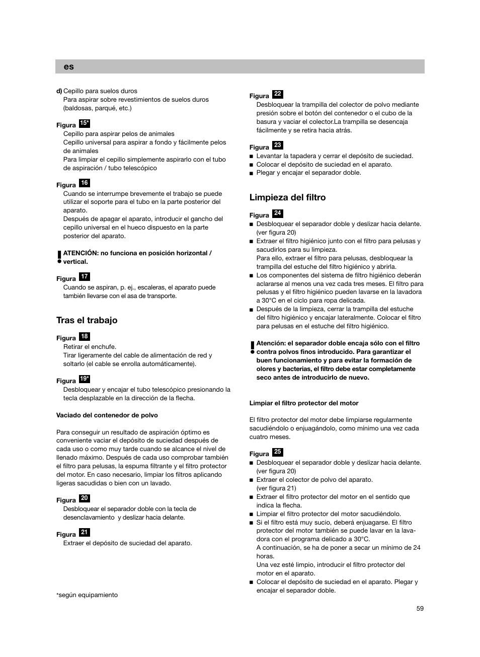 Tras el trabajo, Limpieza del filtro | Bosch Bodenstaubsauger BX32131 magic black transluzent schwarz anthrazit BX3 hepa 2100 W User Manual | Page 65 / 143